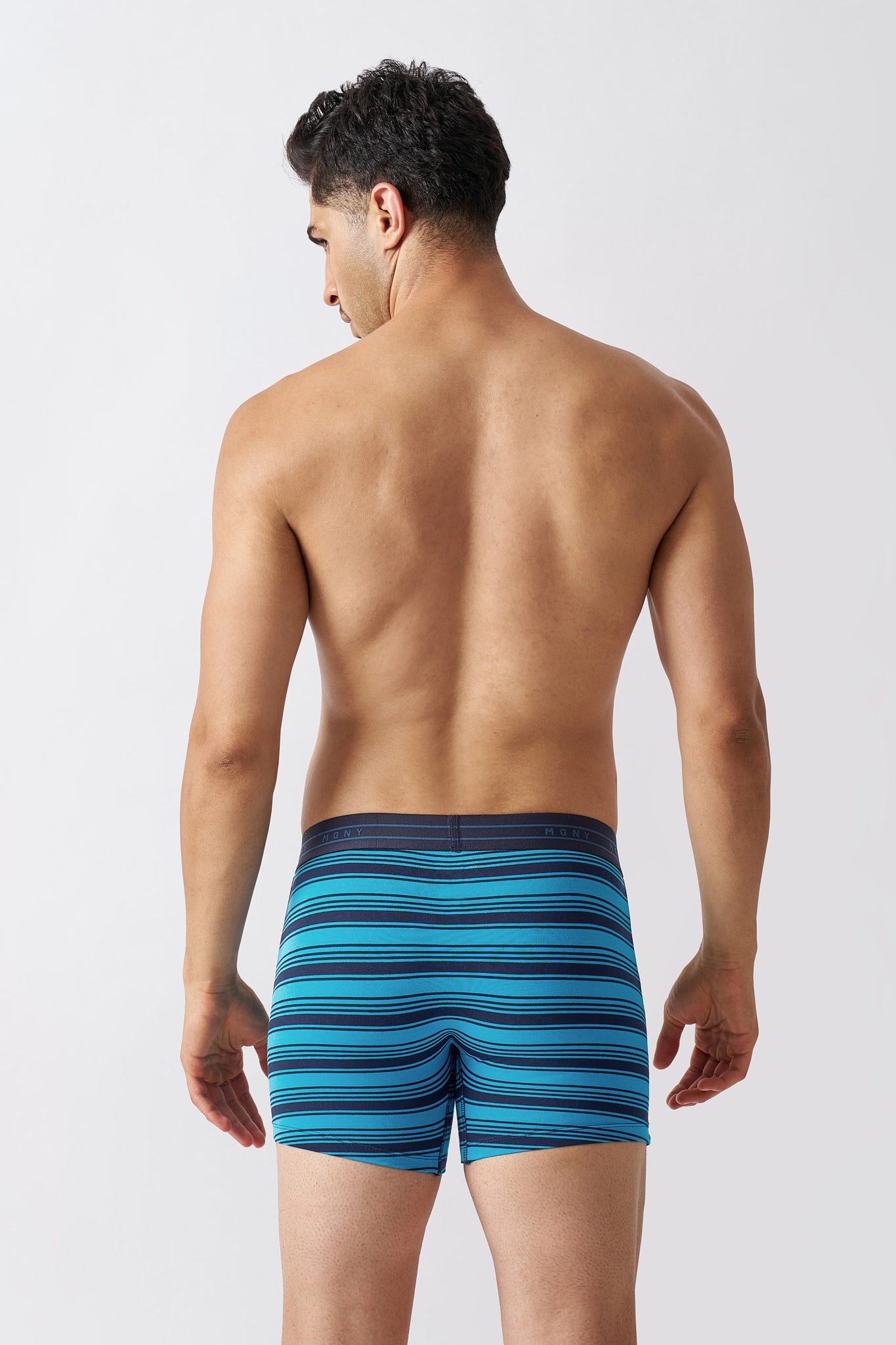 Macho Genie men's Luxe Stripe blue striped boxer briefs in premium cotton underwear with horizontal stripe pattern, back view