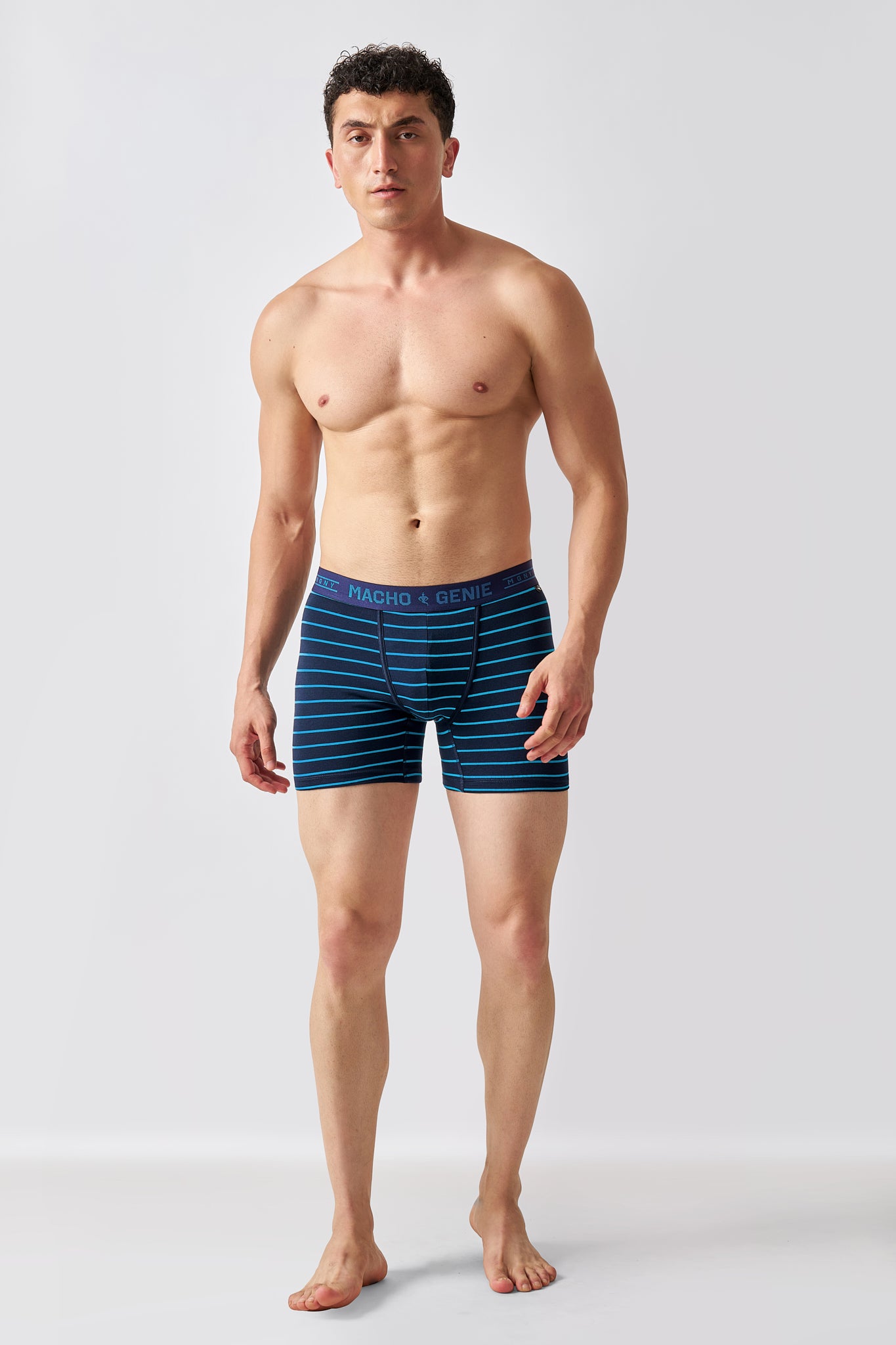 Macho Genie Luxe Stripe men's blue striped cotton boxer briefs with a contoured pouch and classic everyday underwear design