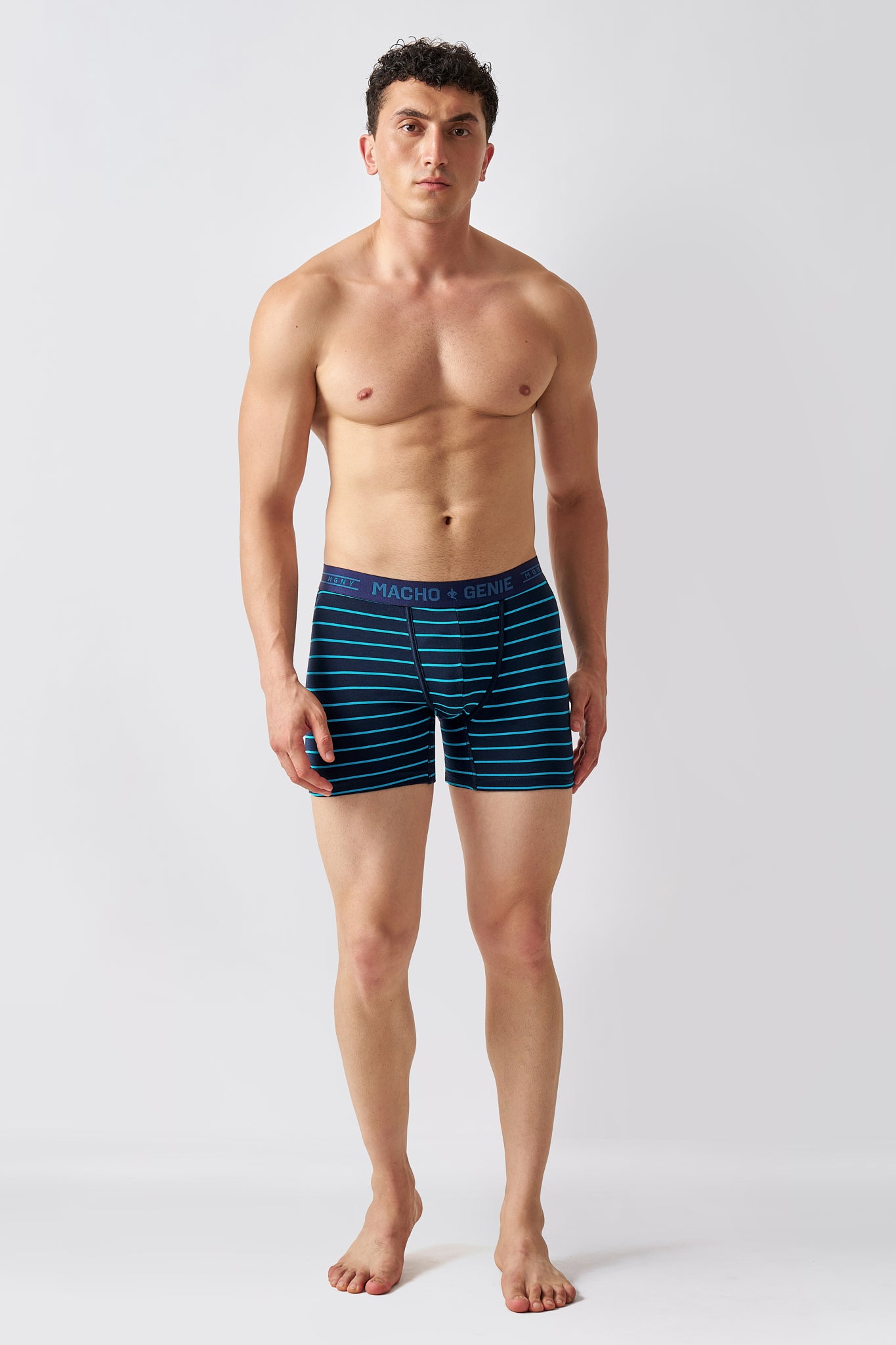 Macho Genie Luxe Stripe men's blue striped premium cotton boxer briefs shown from the front with a streamlined fit and signature waistband