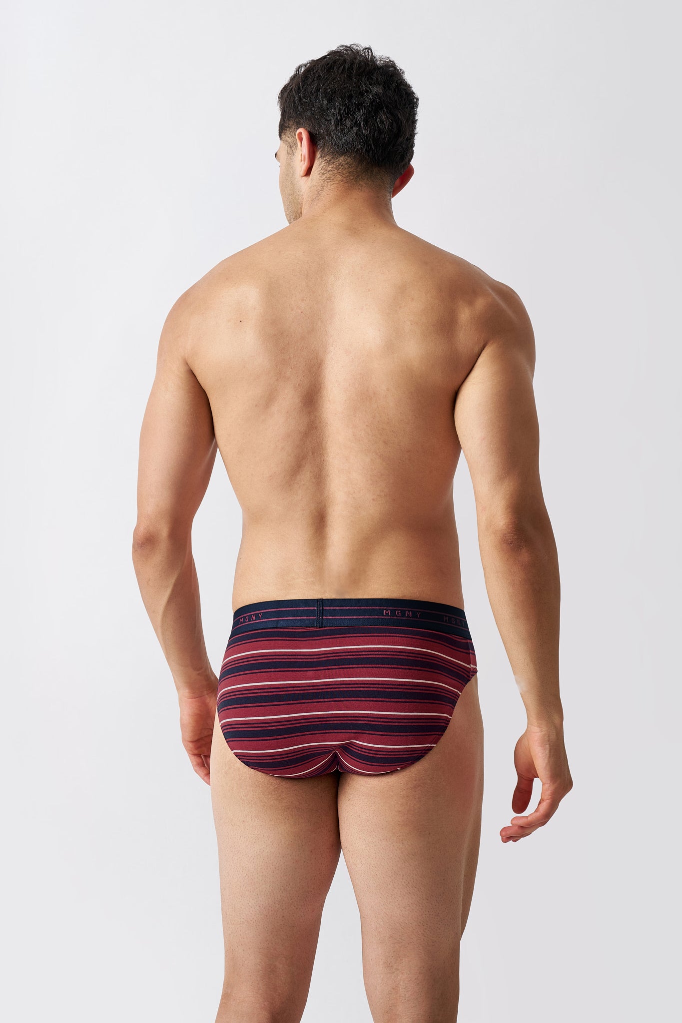 Macho Genie men's Luxe Stripe Brooklyn Red striped Y-shaped briefs in premium cotton underwear, back view showing striped pattern and comfortable stretch fit