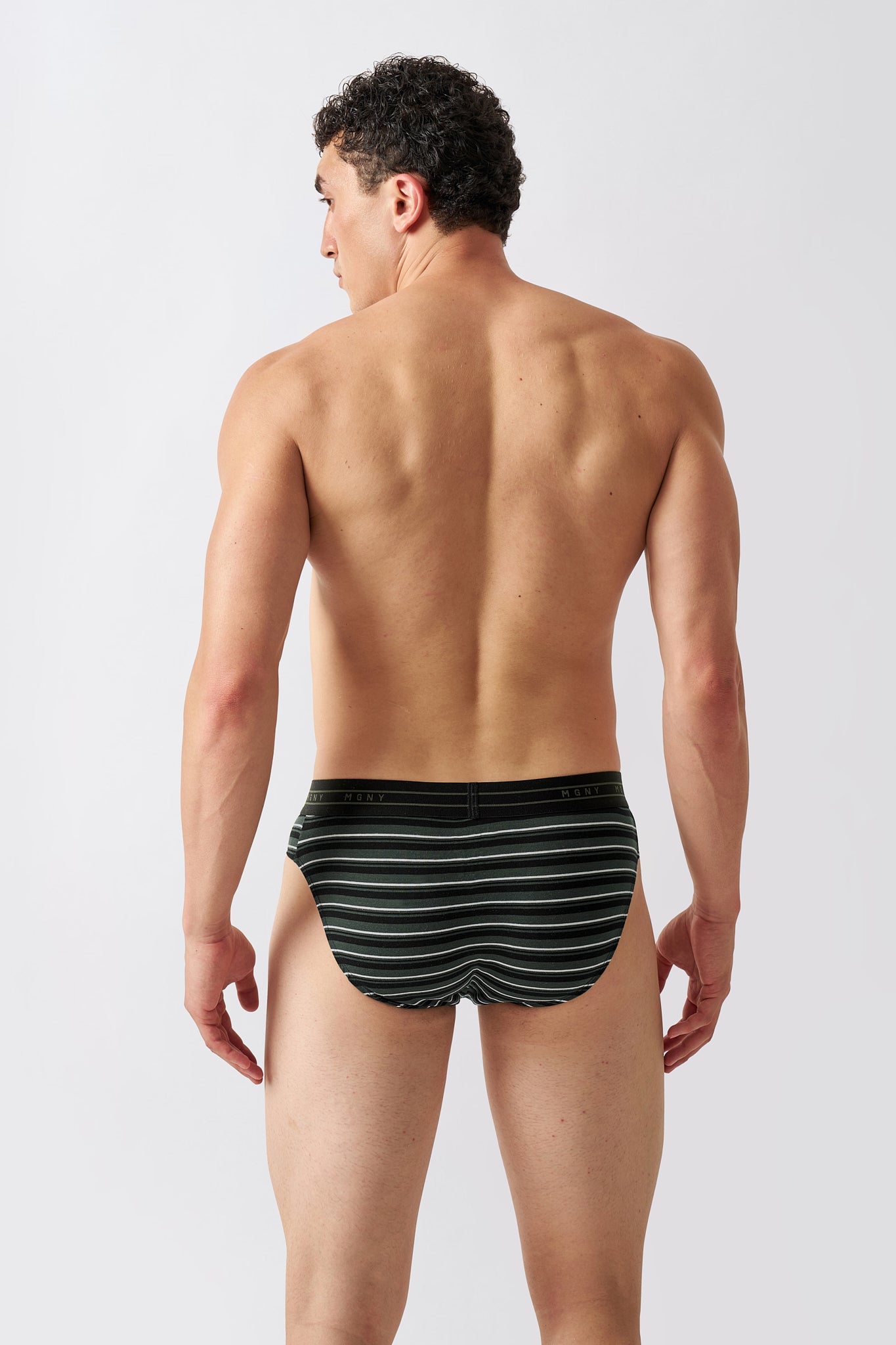 Macho Genie men's Luxe Stripe Cargo Green striped Y-shaped briefs in premium cotton men's underwear, back view showing striped pattern and comfortable stretch fit