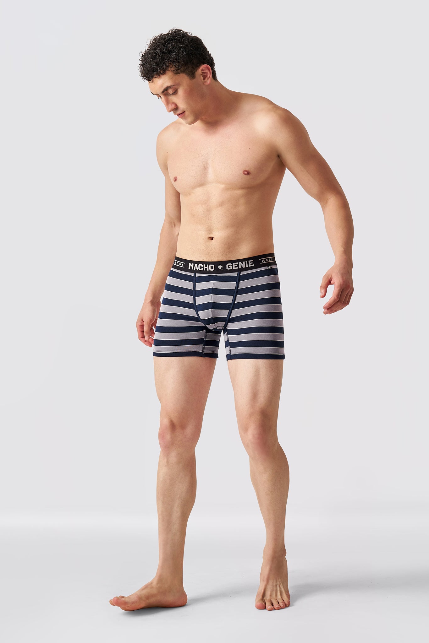 Macho Genie men's Luxe Stripe Mist Gray striped boxer briefs in premium cotton Spandex stretch fabric, full front view, comfortable men's underwear fit