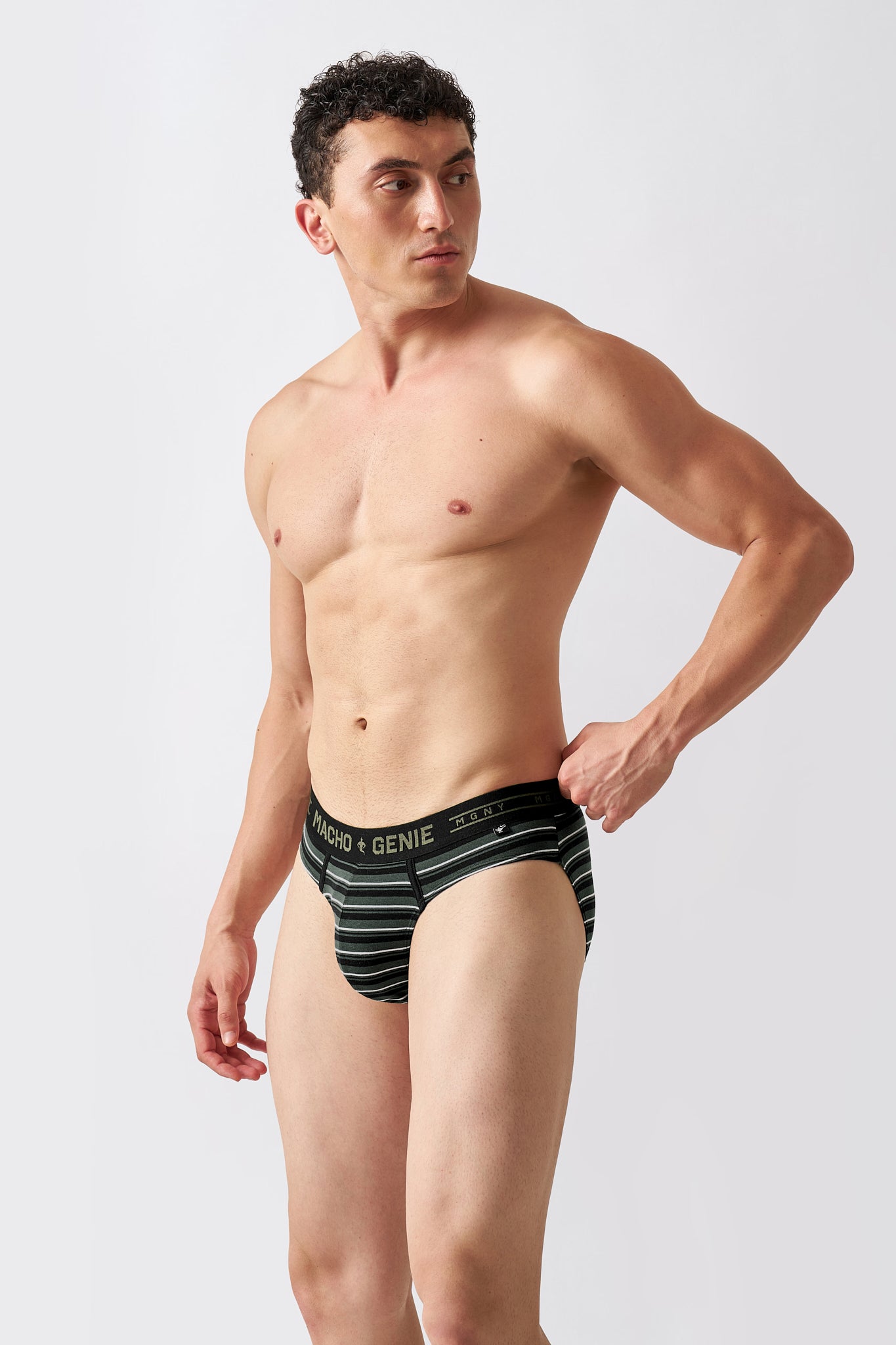 Macho Genie men's Luxe Stripe Cargo Green striped Y-shaped briefs in premium cotton stretch men's underwear, angled front view with comfortable support and flexible fit
