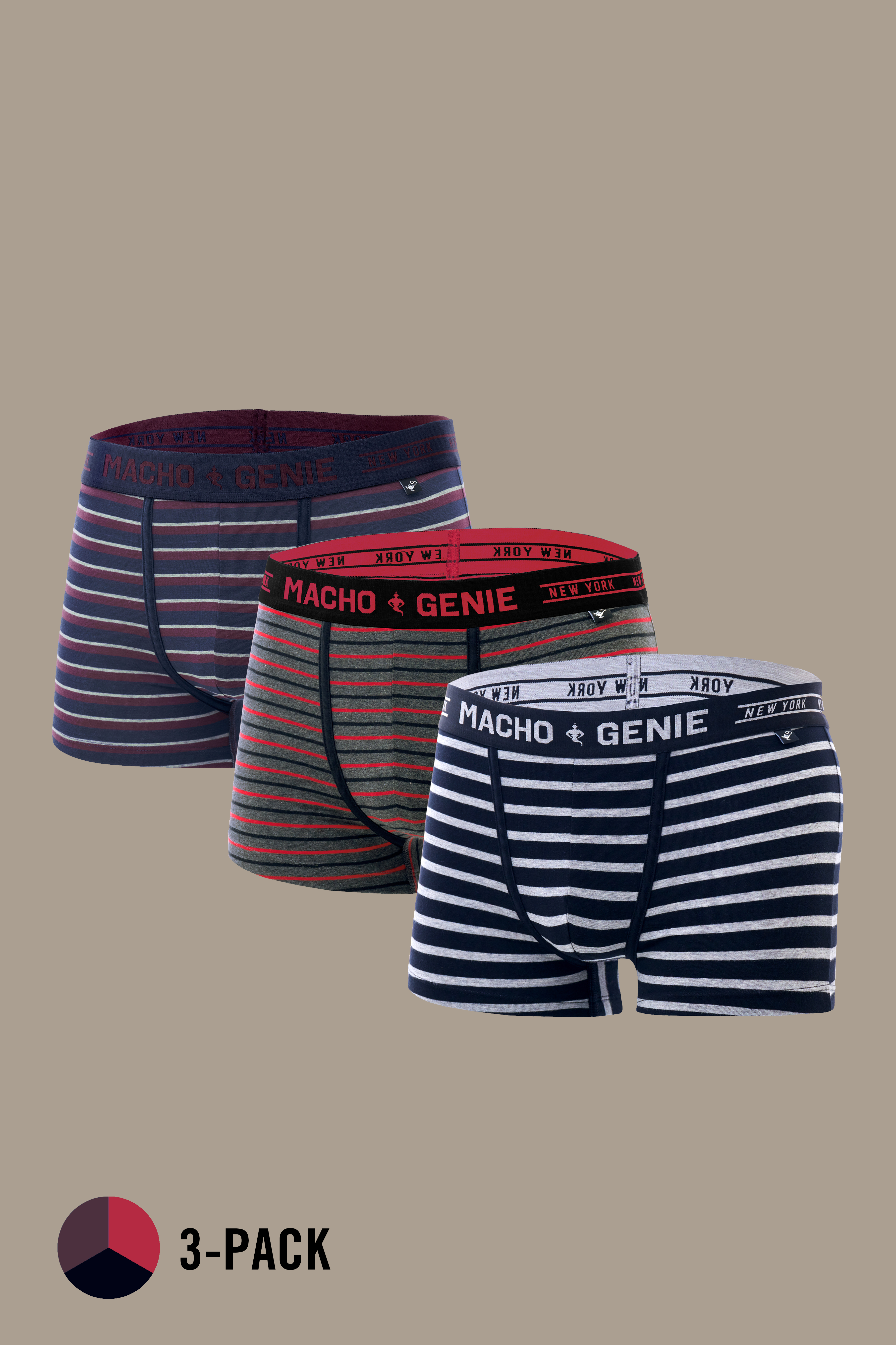 Macho Genie Luxe Stripe men's 3-pack of premium cotton striped trunks in black, red and wine, showcasing horizontal stripe detailing, signature logo waistbands, 3-inch inseam and a versatile everyday underwear style