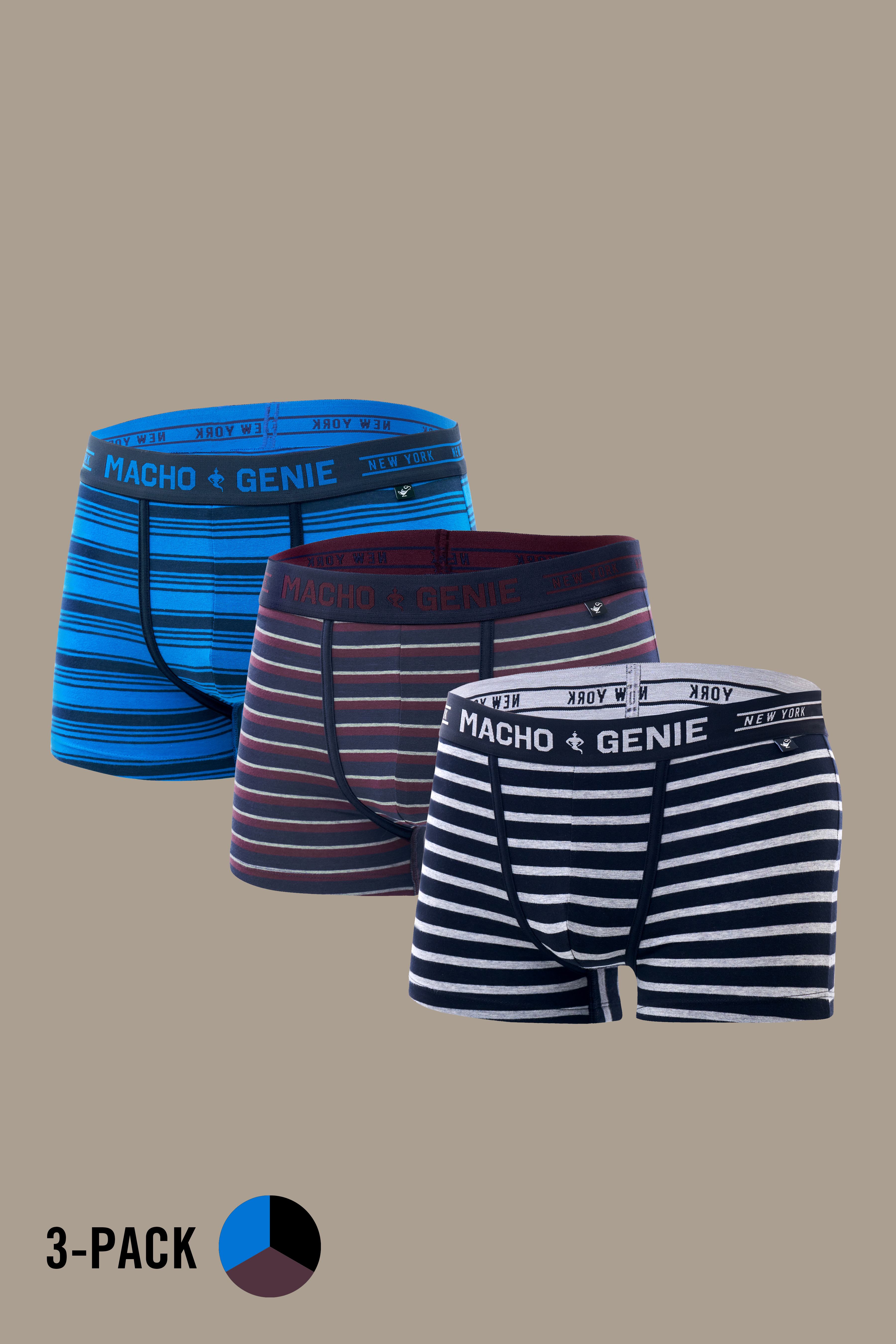 Macho Genie Luxe Stripe men's 3-pack of premium cotton striped trunks in blue, maroon and black, featuring varied horizontal stripe patterns, signature Macho Genie waistbands, 3-inch inseam and a classic everyday men's underwear silhouette