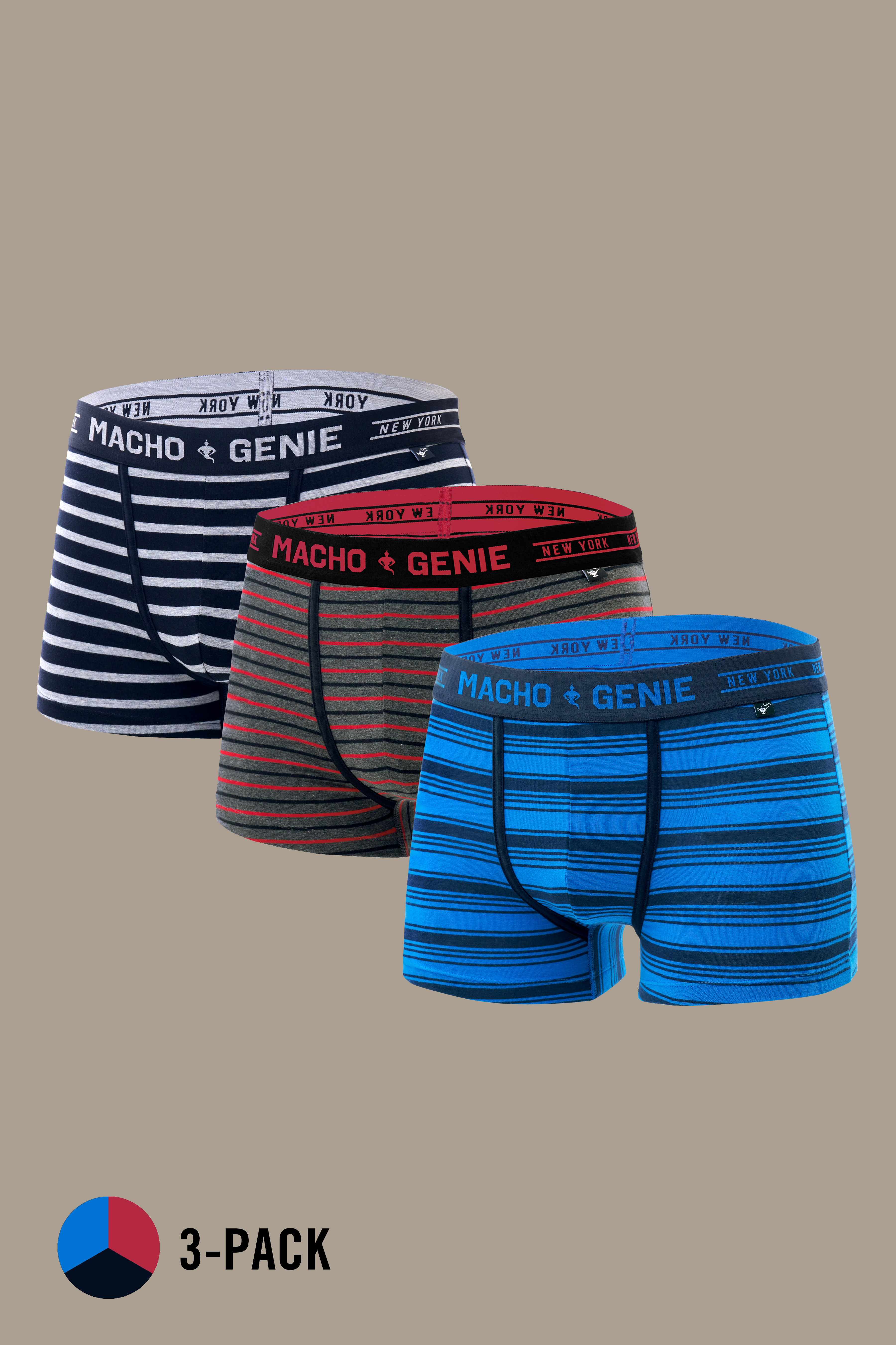 Macho Genie Luxe Stripe men's 3-pack of premium cotton striped trunks in blue, red and black, featuring varied horizontal stripe patterns, signature logo waistbands, 3-inch inseam and a classic men's underwear silhouette