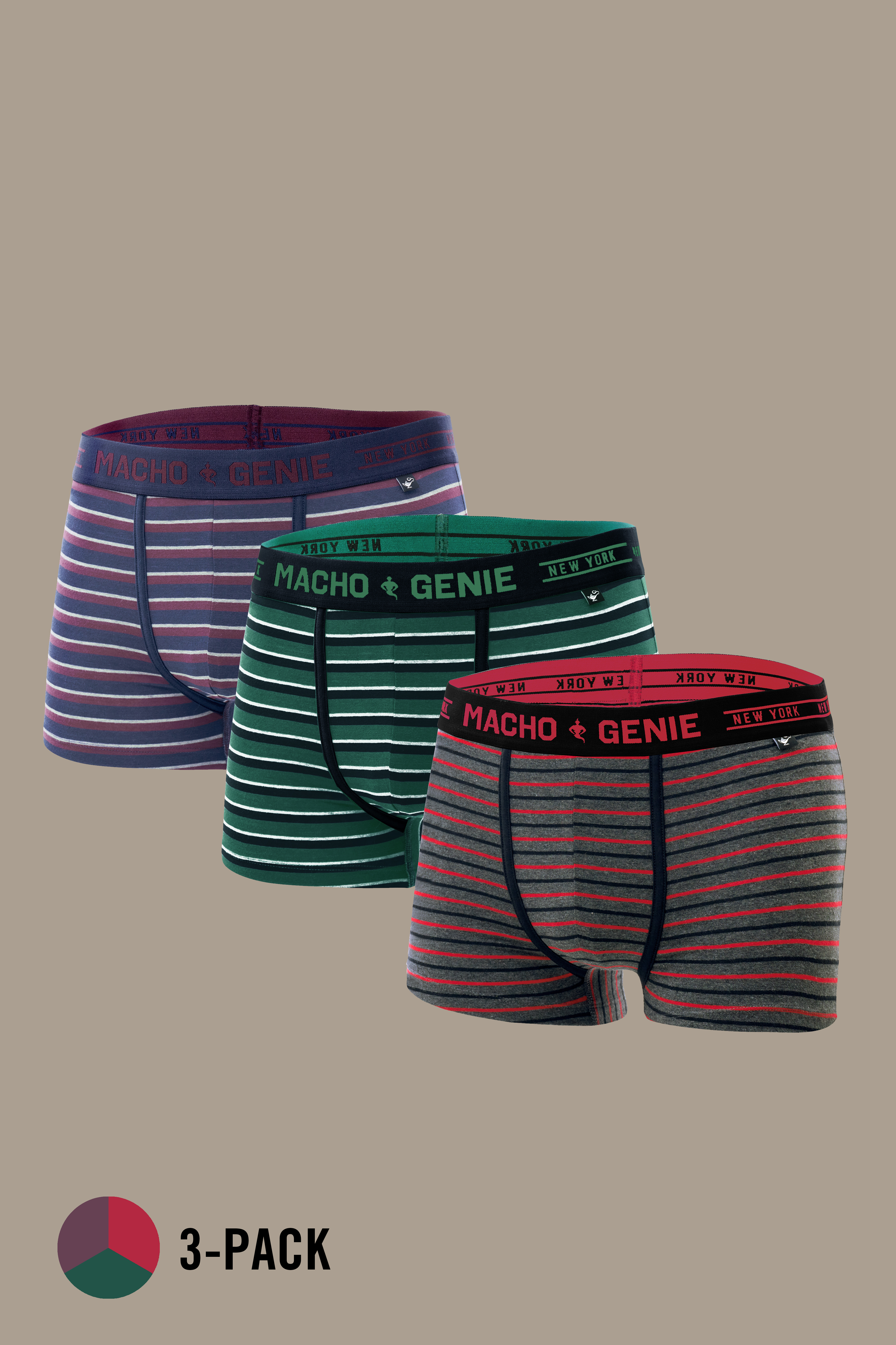 Macho Genie Luxe Stripe men's 3-pack of premium cotton striped trunks in wine, green and red, featuring horizontal stripe patterns, signature branded waistbands, 3-inch inseam and a classic everyday underwear silhouette