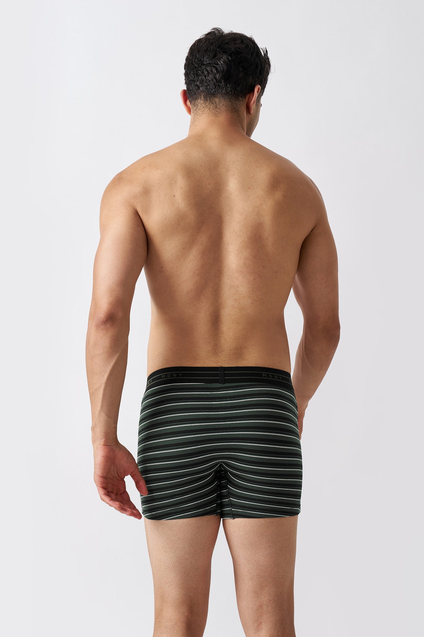 Macho Genie Luxe Stripe premium striped boxer brief underwear for men with a flat elastic waistband, stretch construction, clean finish and finely detailed horizontal stripes