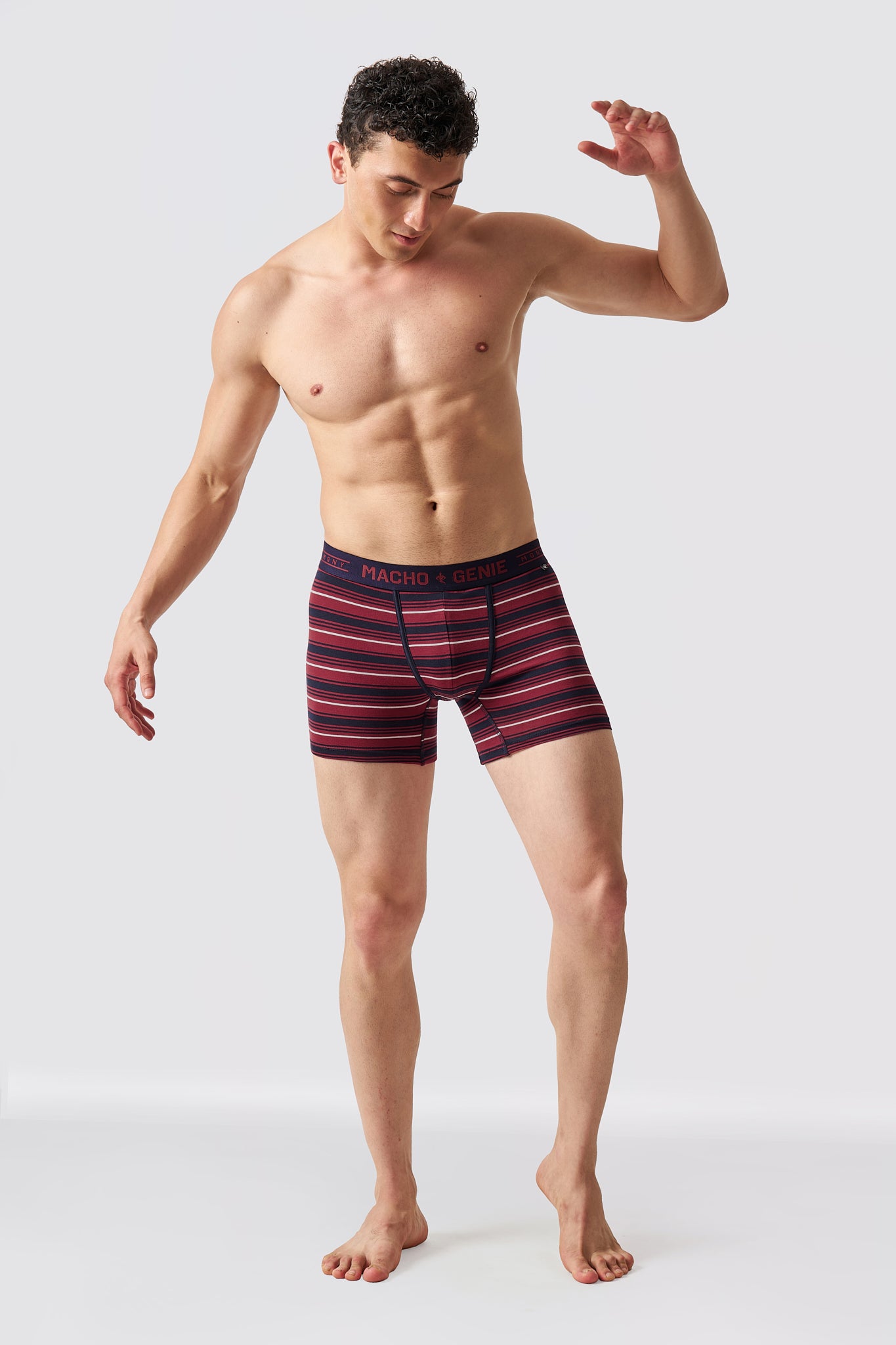 Macho Genie men's Luxe Stripe red striped boxer briefs in premium cotton stretch fabric, full front view with comfortable fit
