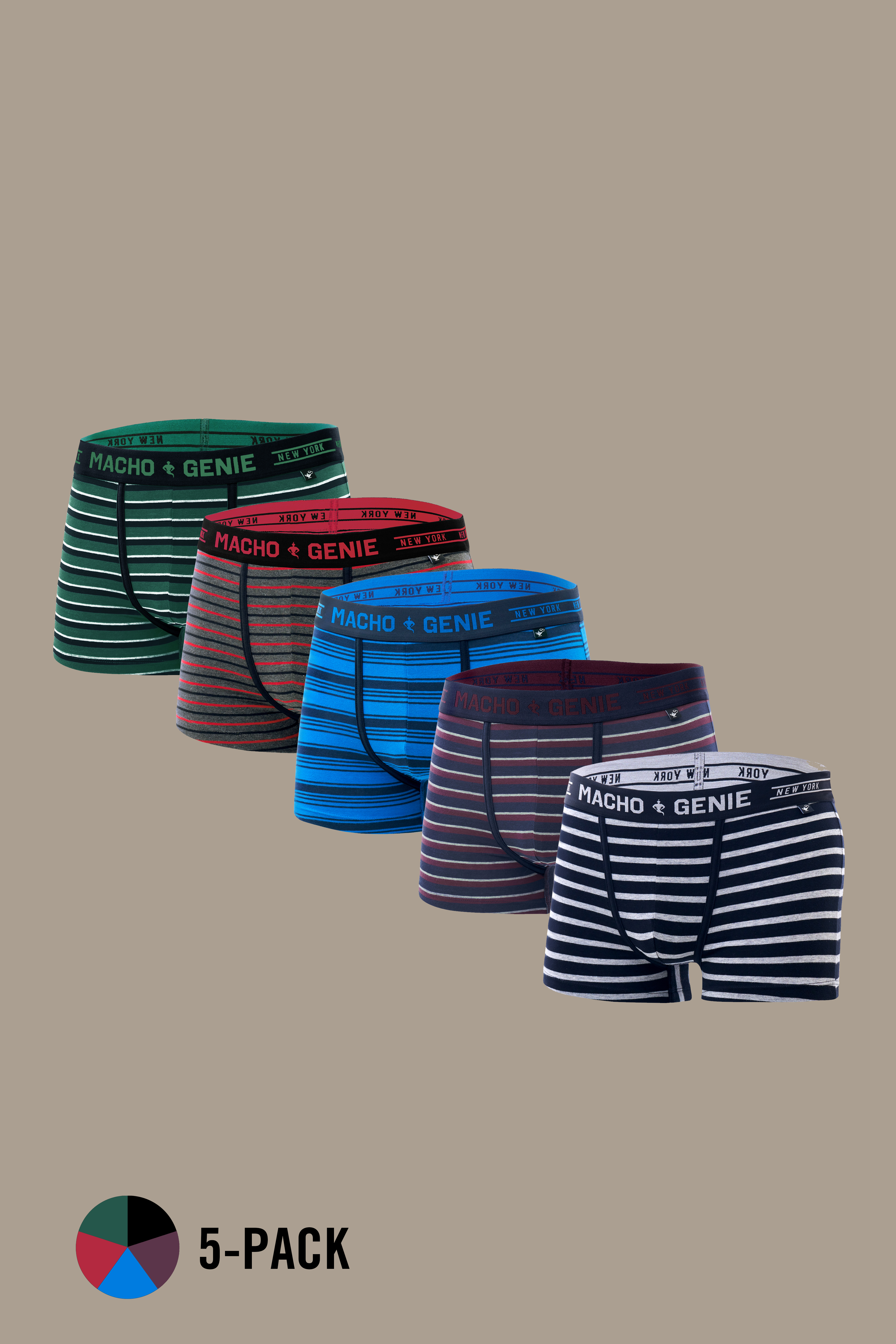 Macho Genie Luxe Stripe men's striped trunk underwear 5-piece pack featuring blue, green, maroon, black and red designs with distinctive horizontal patterns