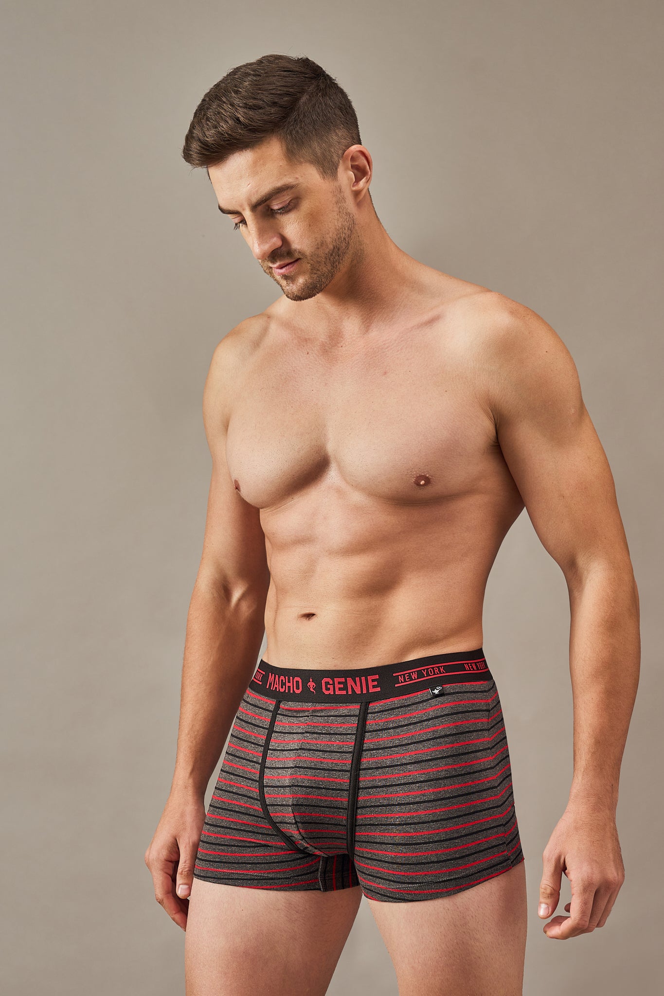 Men's black striped cotton trunks with red detailing, breathable fabric and a comfortable pouch