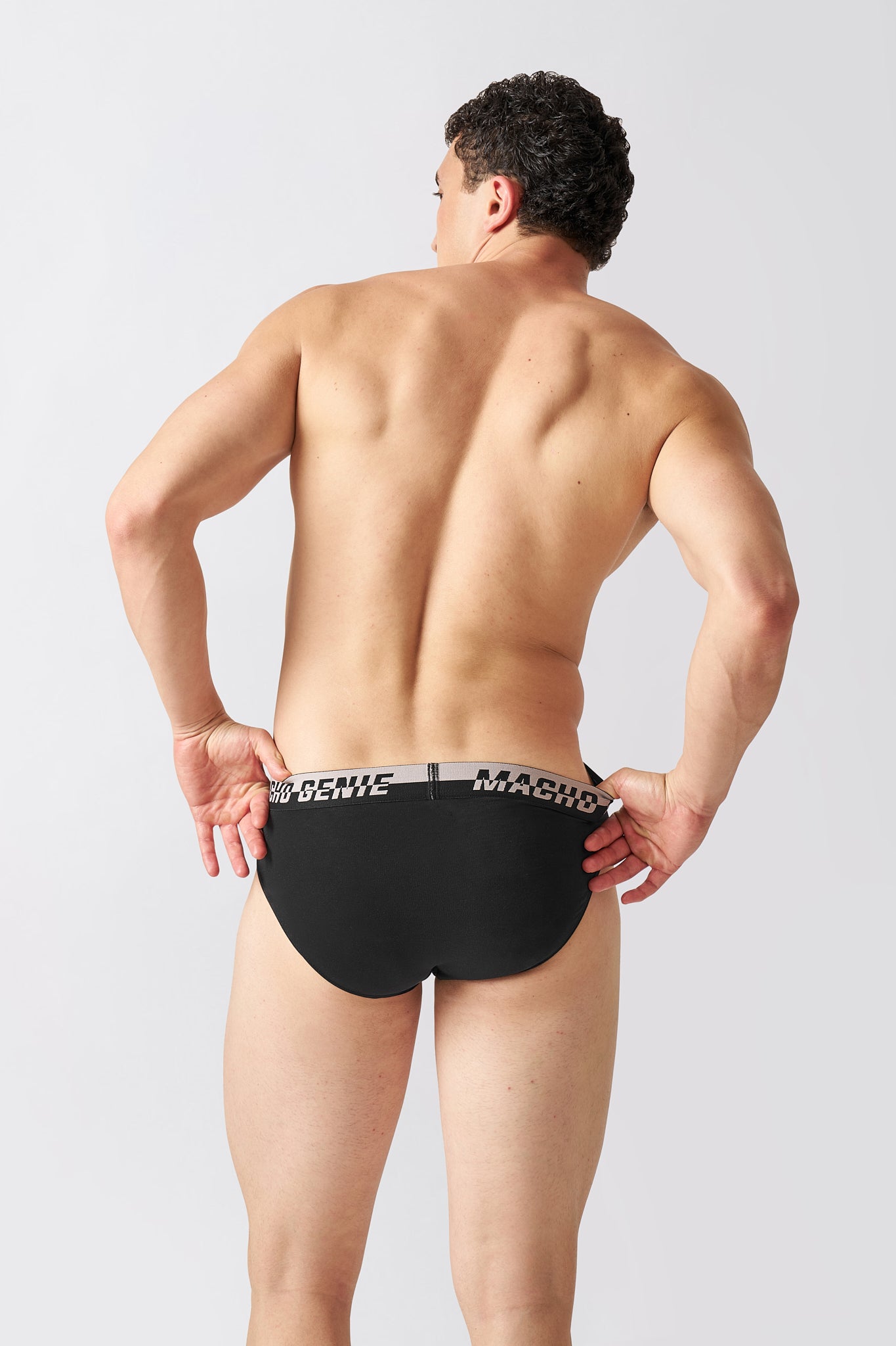 Macho Genie men's Carbon Black Supima Blend briefs showing the smooth stretch waistband and back fit