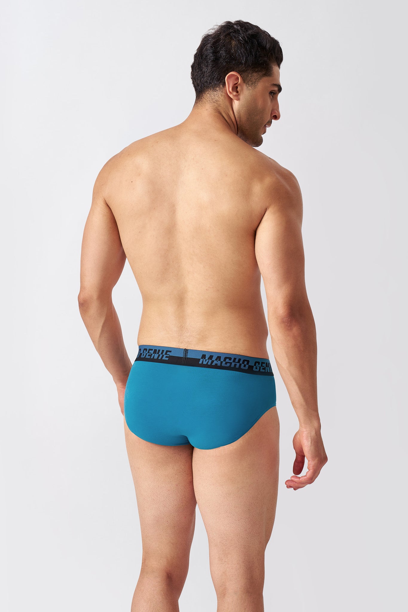 Back view of Macho Genie men's Blue Supima Blend briefs with a smooth, supportive fit