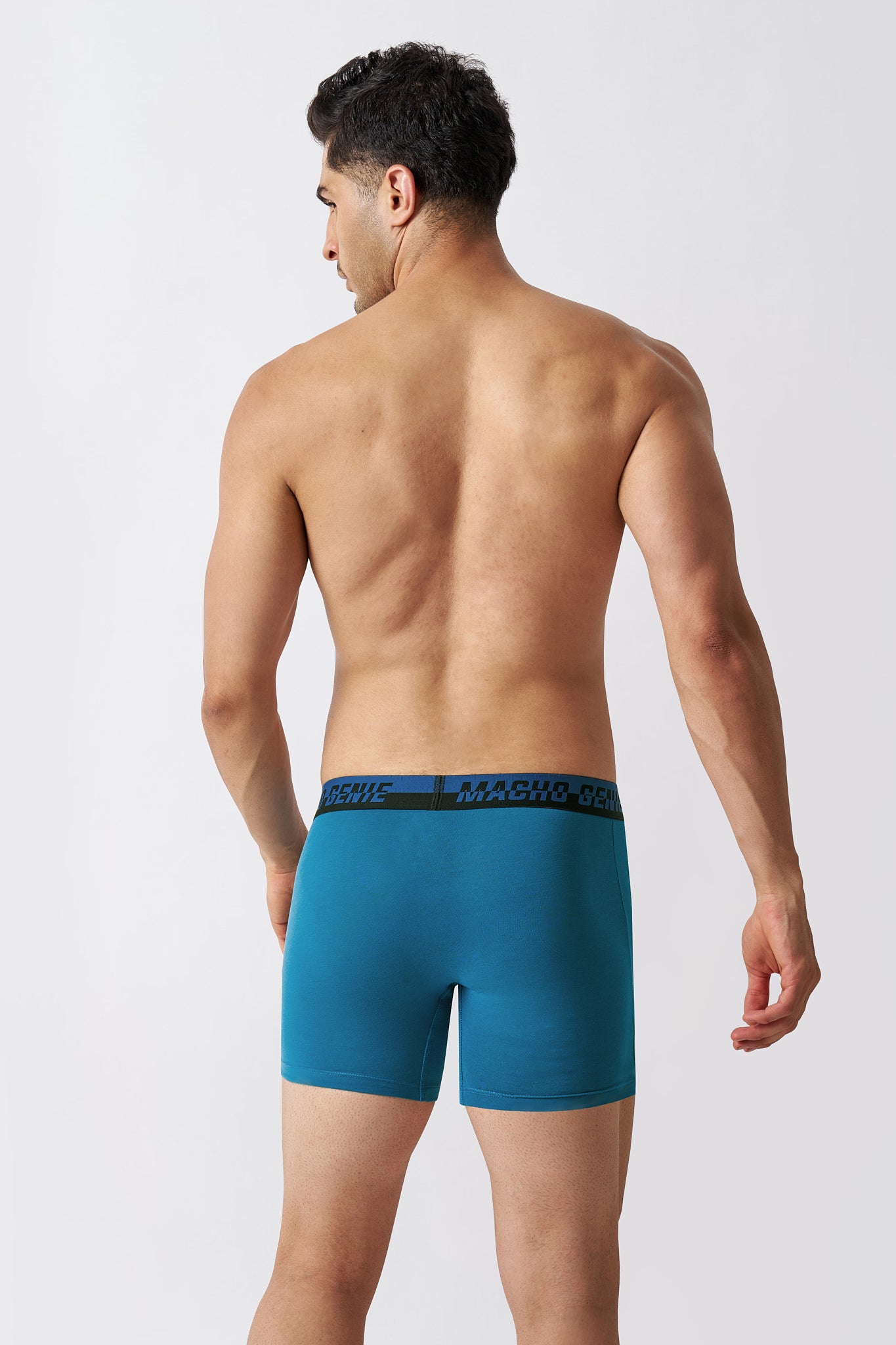 Back view of Macho Genie men's Blue Supima Blend boxer briefs showing smooth seat coverage, longer legs and a secure stretch waistband