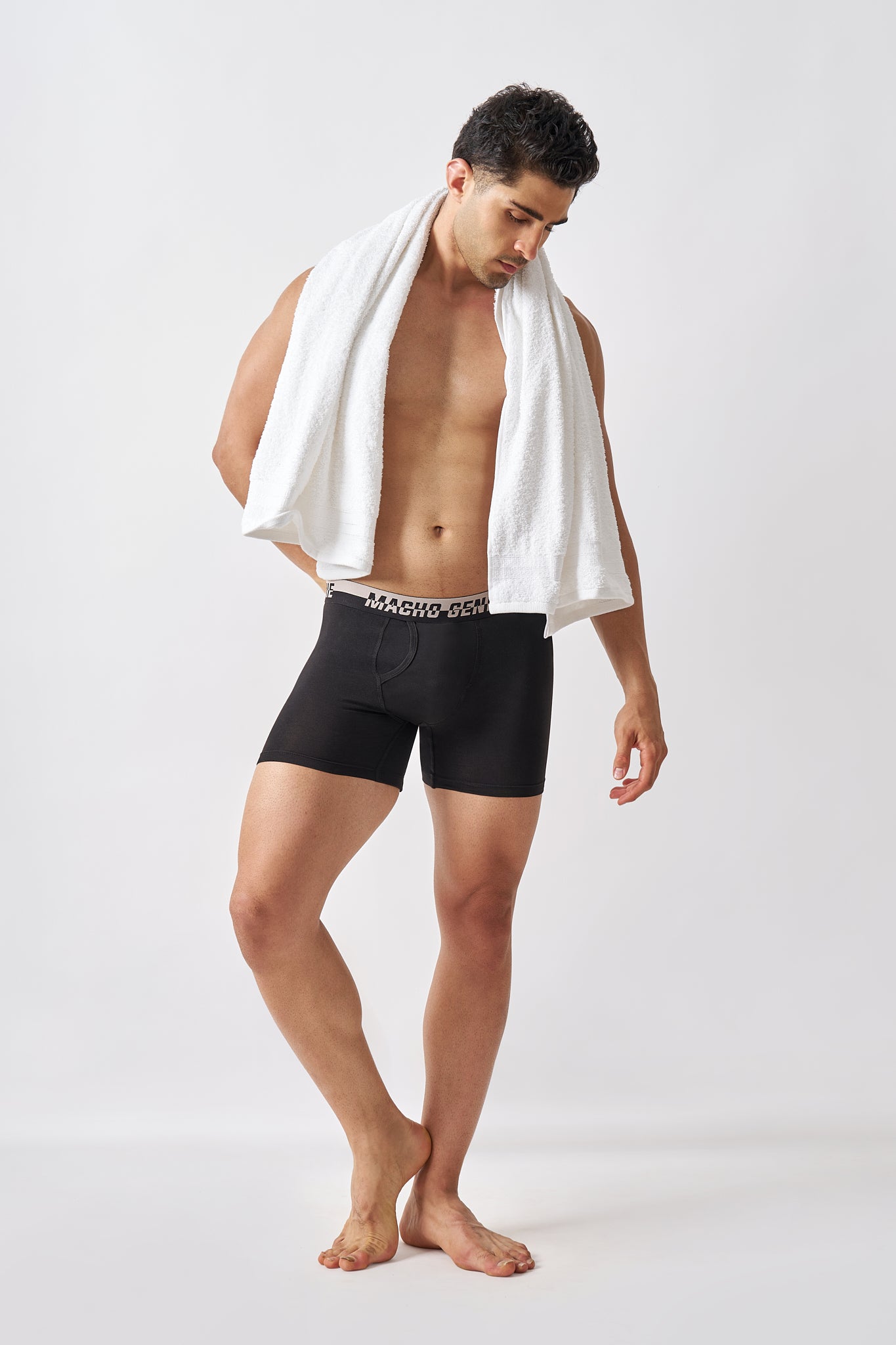 Macho Genie men's Carbon Black boxer briefs styled for all-day comfort with an extended inseam and smooth stay-put fit
