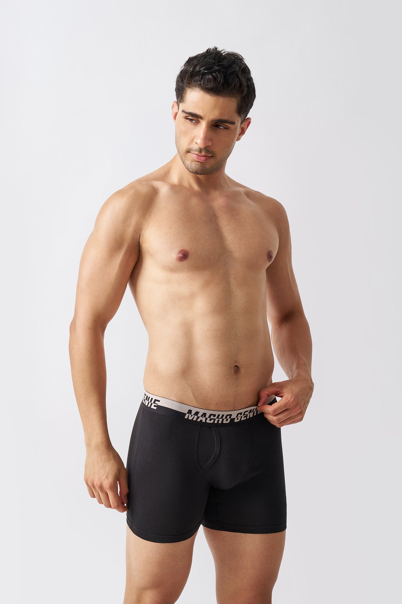Macho Genie men's Carbon Black boxer briefs designed with extended coverage, breathable cotton comfort and a secure fit