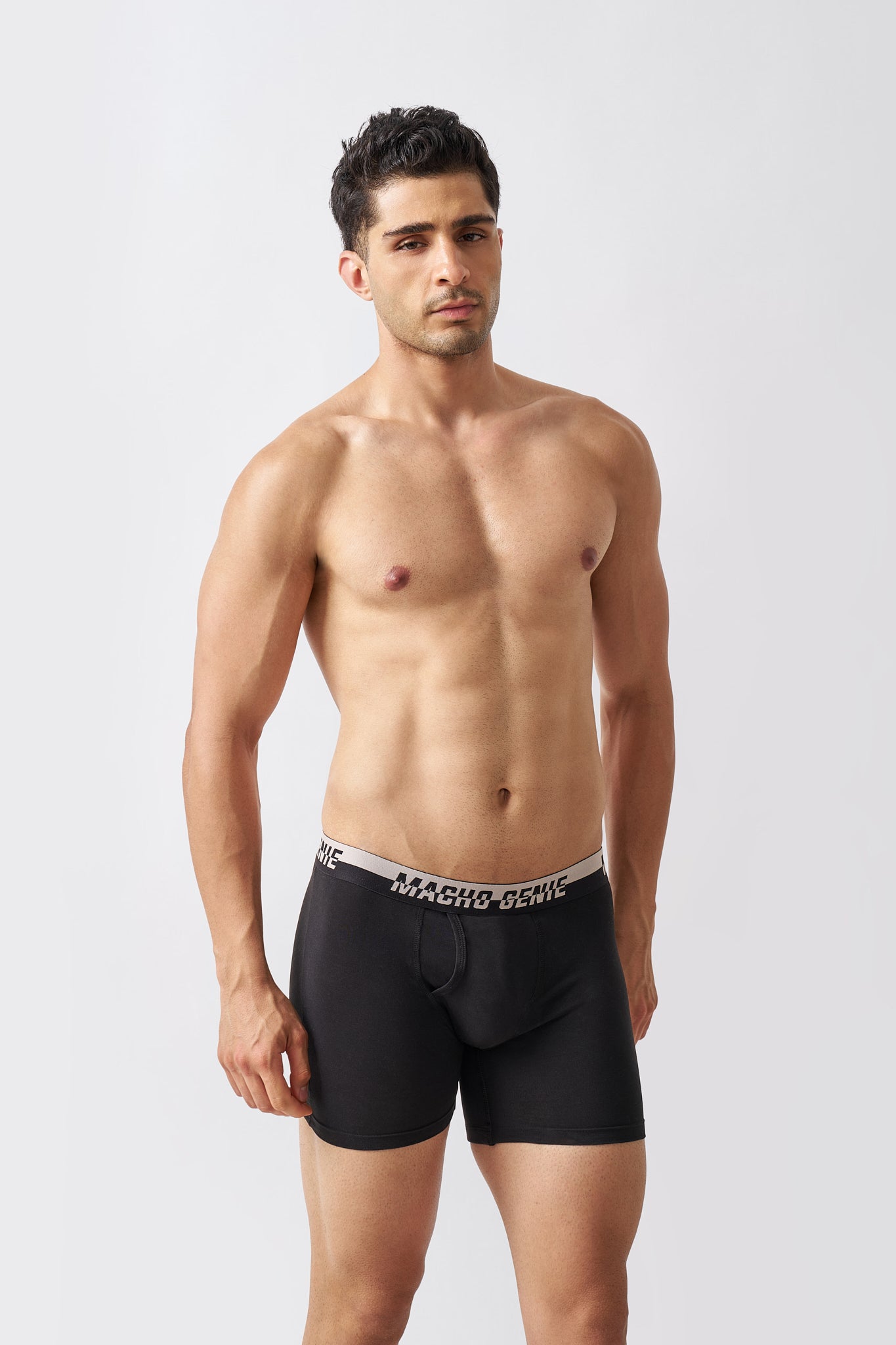 Macho Genie men's Carbon Black Supima Blend boxer briefs with extended inseam, supportive front pouch and comfortable everyday fit