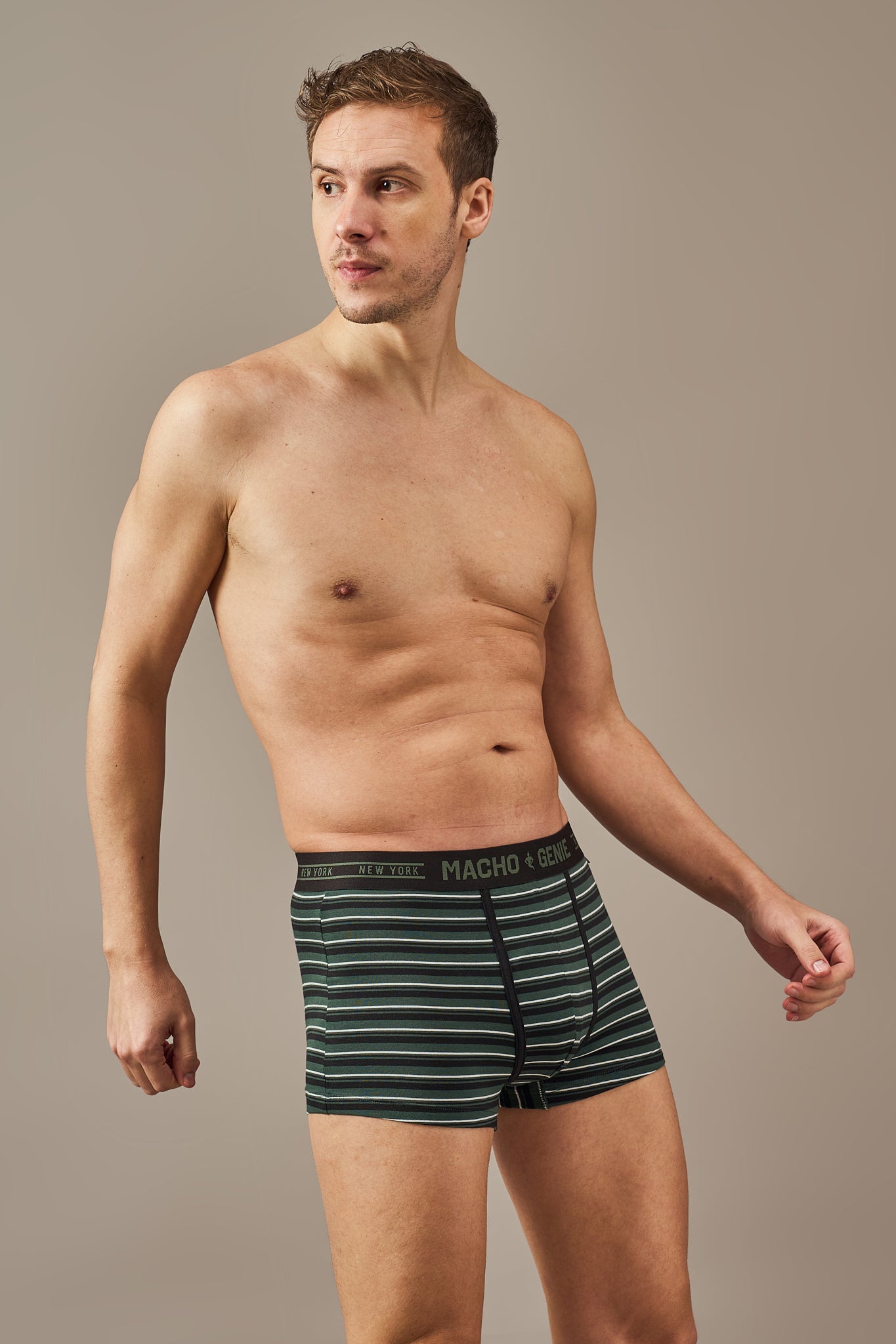 Men's forest green striped cotton trunks with a full pouch, 3-inch inseam, and breathable stretch comfort