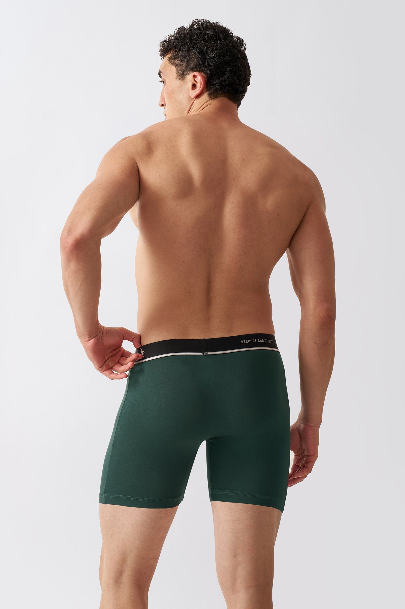 Macho Genie Green bamboo boxer briefs showing the smooth back fit and full coverage with a clean tag-free finish