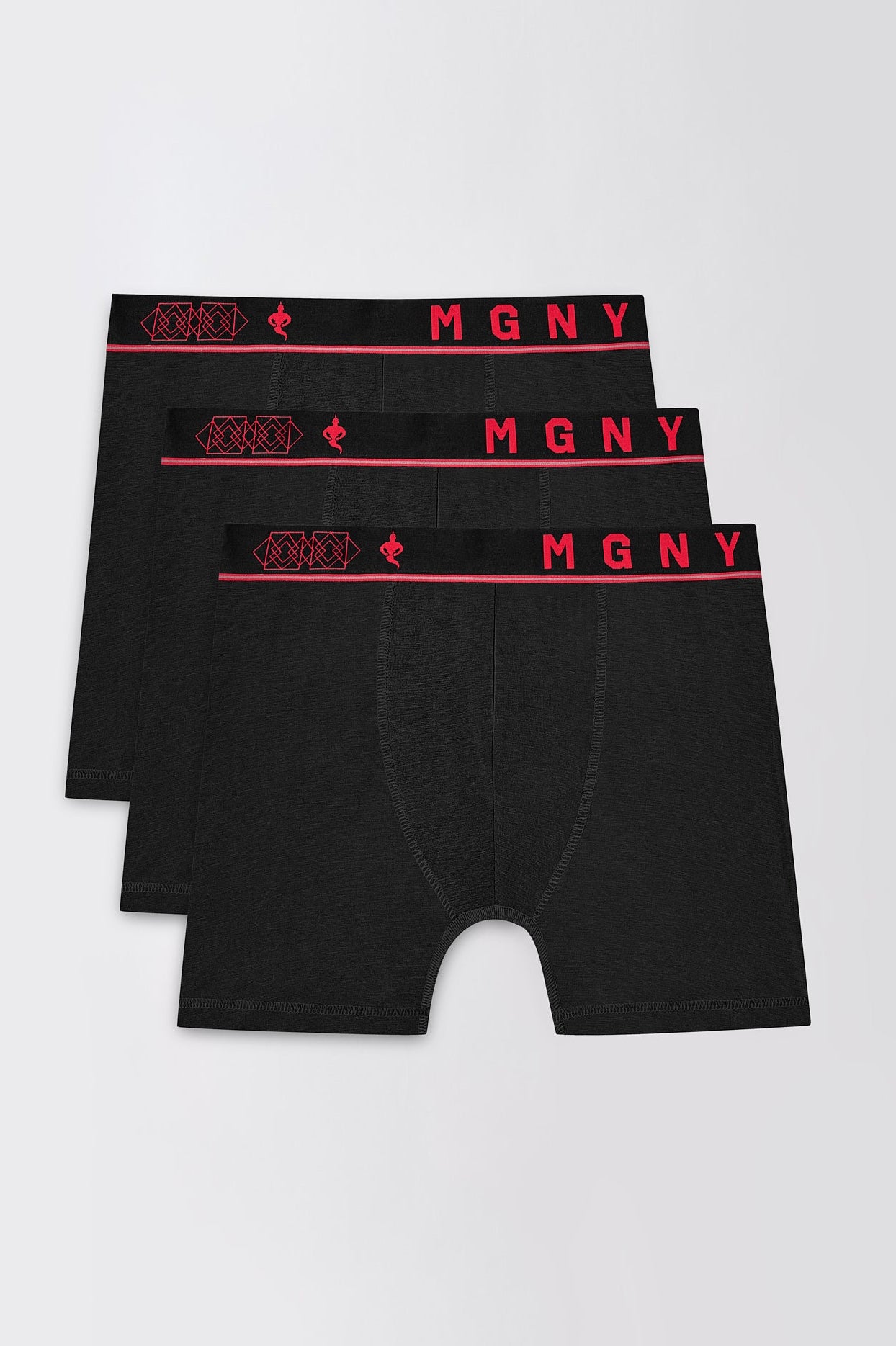 Macho Genie men's pack of 3 Jet Black Bamboo Aeroflex boxer briefs shown from the front with extended leg coverage and a comfortable everyday fit