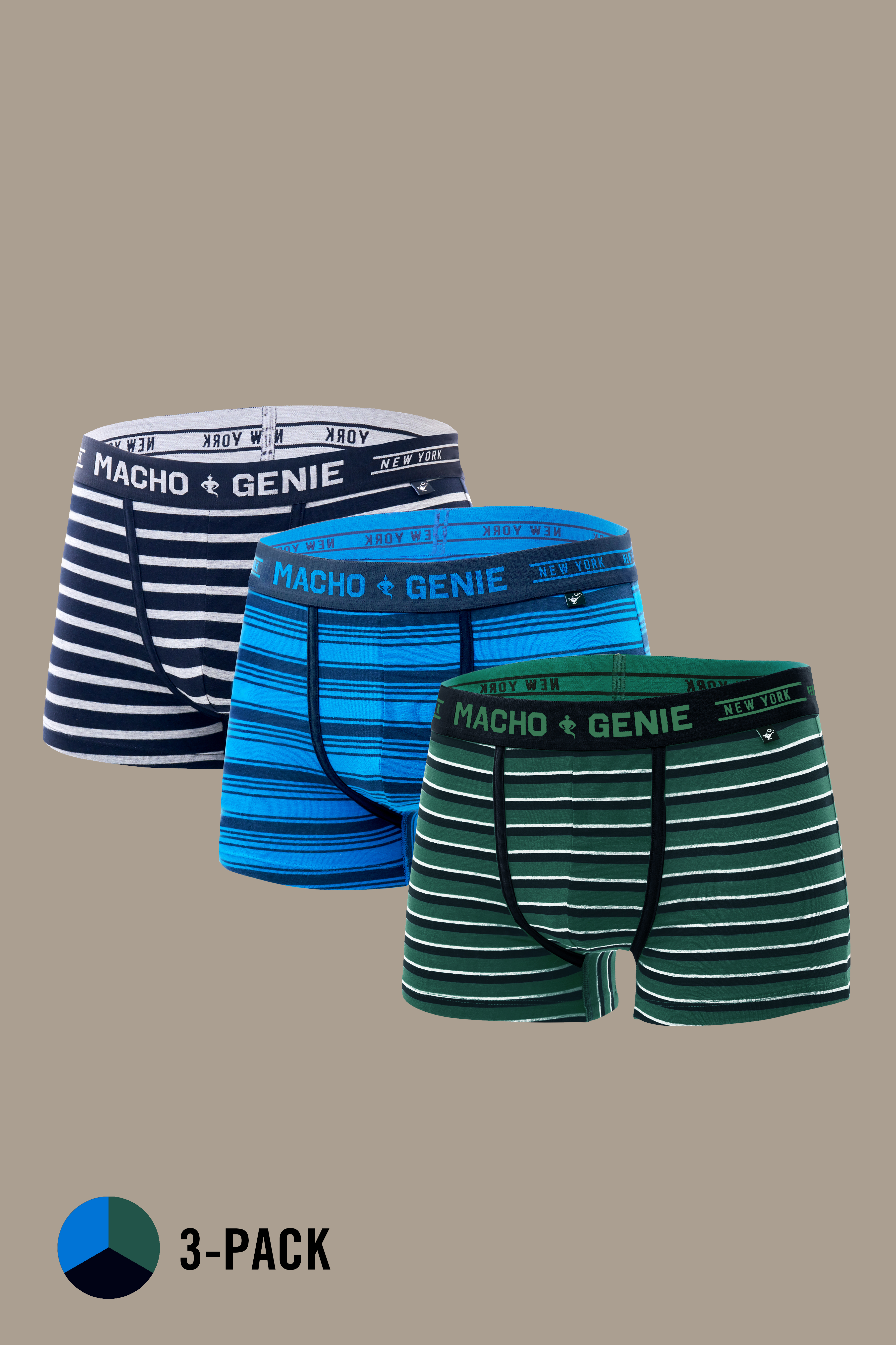 Macho Genie Luxe men's 3-pack of premium cotton striped trunks in green, blue and black