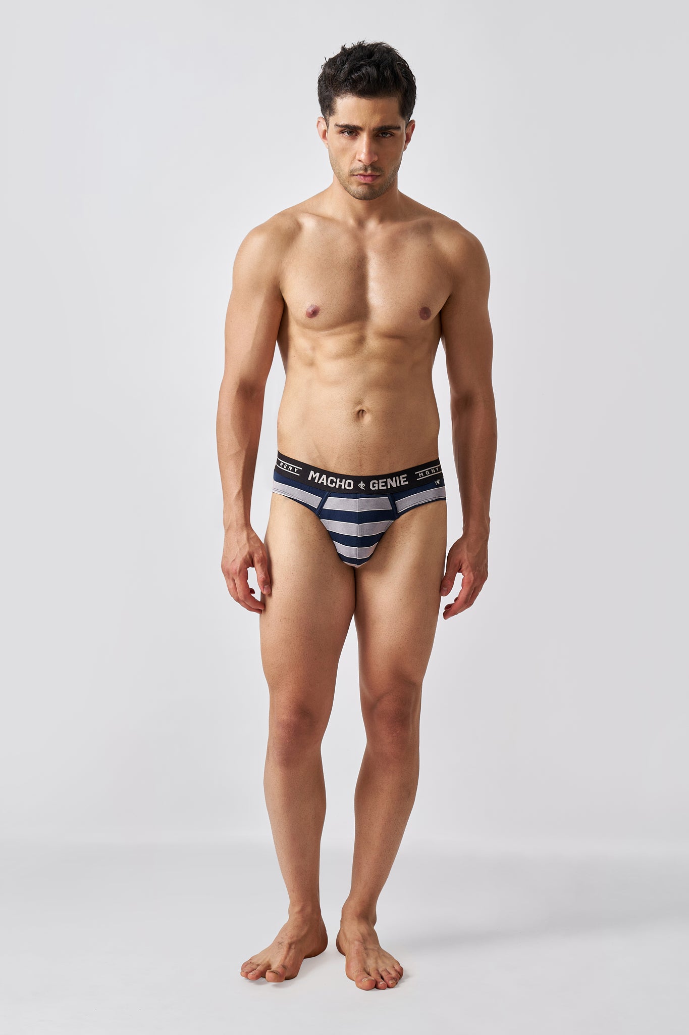 Macho Genie men's Luxe premium cotton navy blue and gray striped Y-shaped briefs, soft breathable men's underwear, full body front view