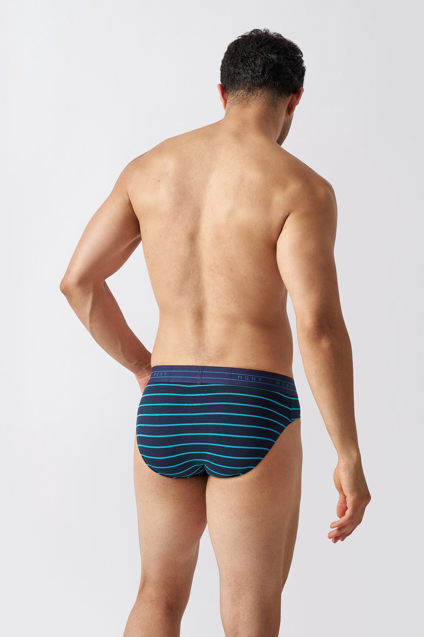 Macho Genie men's Luxe premium cotton navy blue striped Y-shaped briefs, comfortable cotton men's underwear, back view