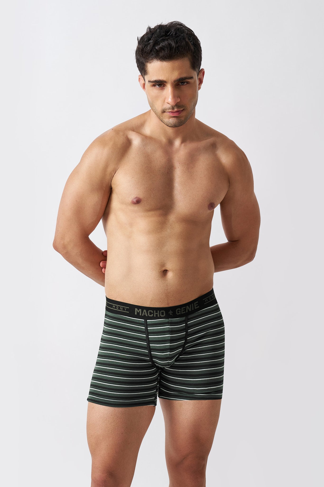 Macho Genie Luxe Stripe men's premium cotton striped boxer briefs in dark green with an extended inseam, contoured front pouch and signature branded waistband