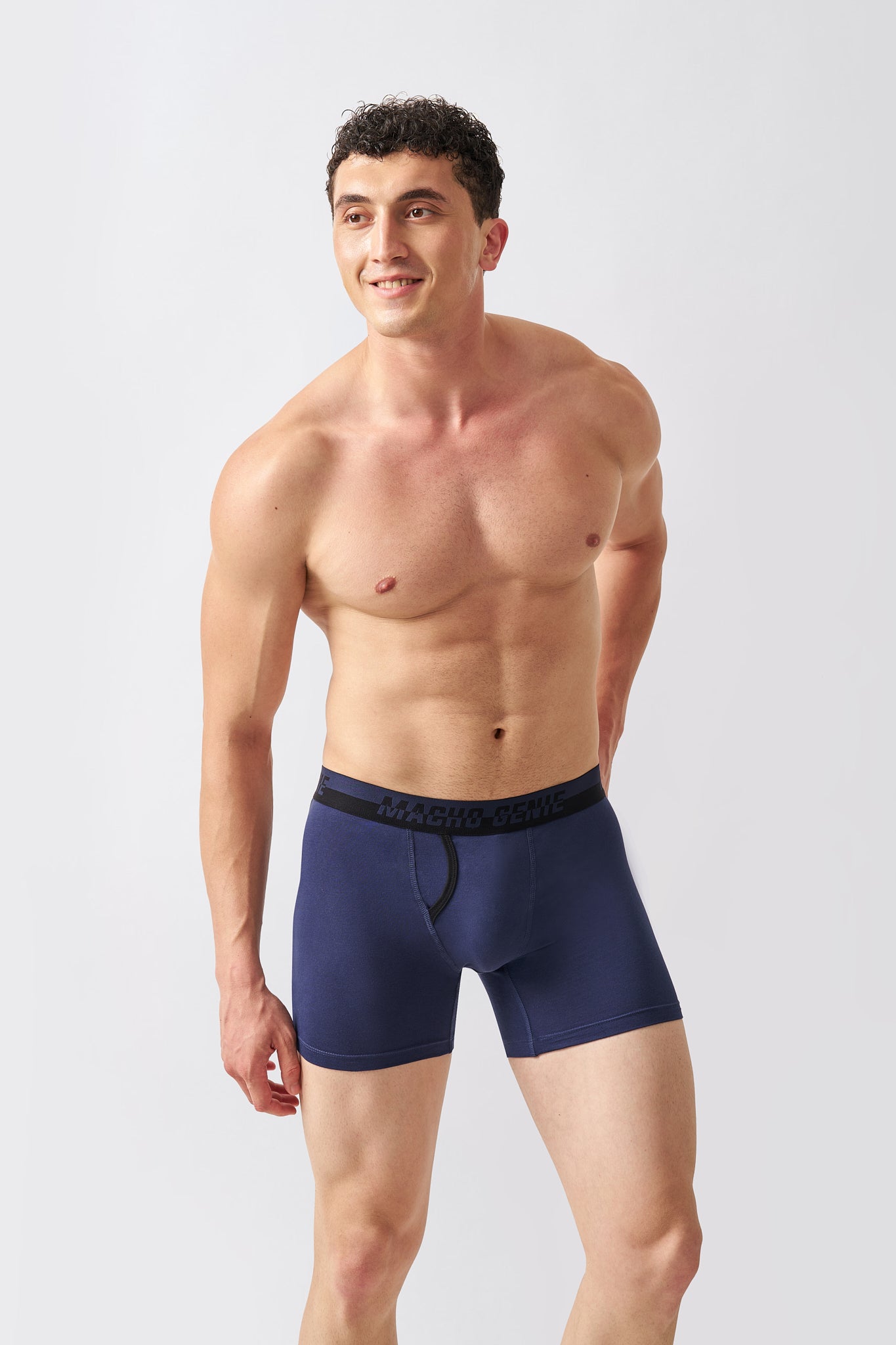 Macho Genie men's Marine Navy Supima Blend boxer briefs with extended inseam, supportive front pouch and comfortable everyday fit