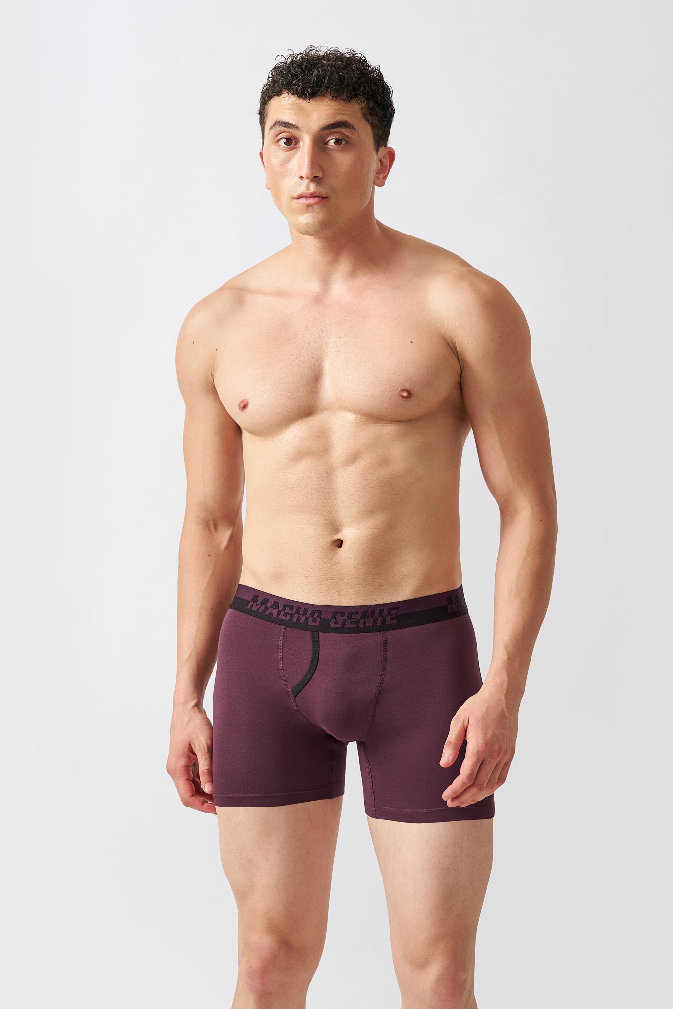 Macho Genie men's Wine Supima Blend boxer briefs with extended inseam, supportive front pouch and comfortable everyday fit