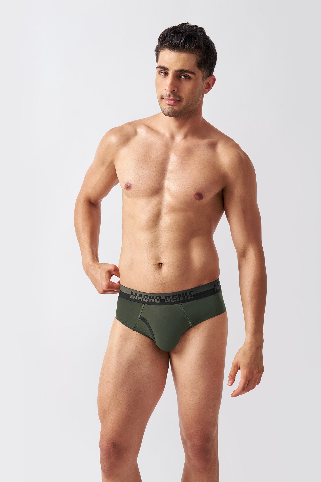 Macho Genie men's Army Green Supima Blend briefs with a low-profile fit for unrestricted movement