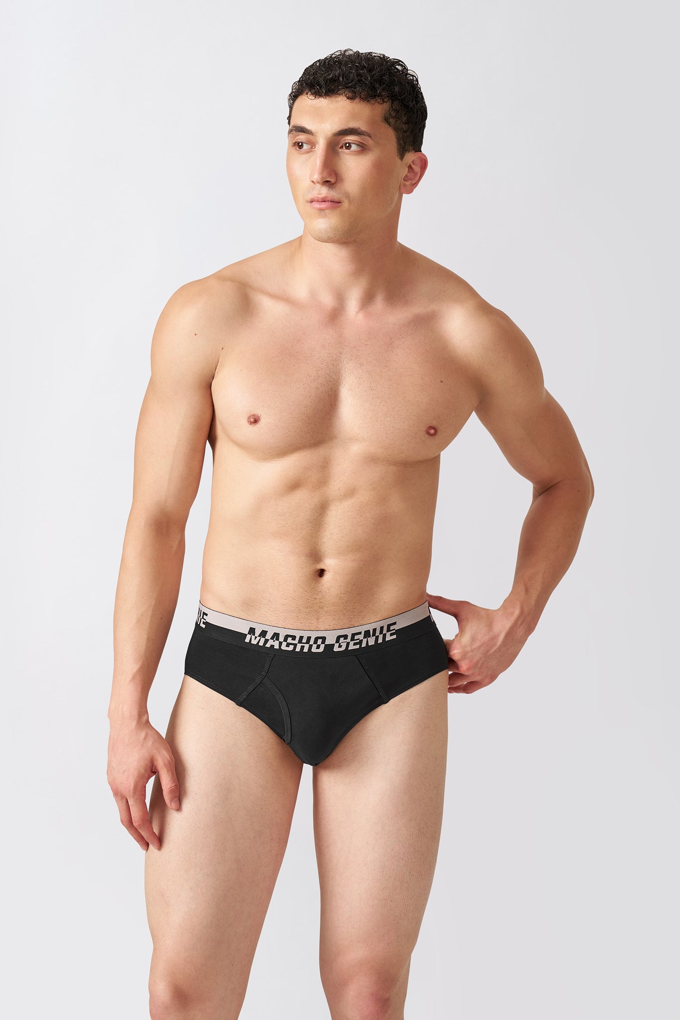 Macho Genie men's Carbon Black Supima Blend briefs with a low-profile fit for unrestricted movement