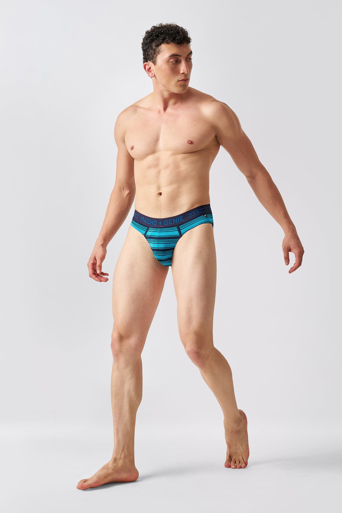 Macho Genie men's Luxe premium cotton striped Y-shaped briefs in Tropic Blue, comfortable cotton men's underwear, full body front view