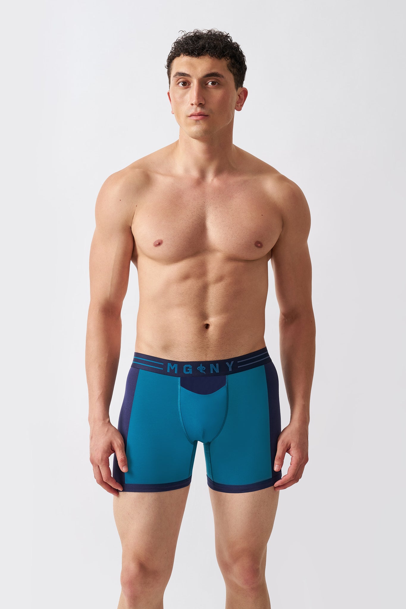 Macho Genie men's blue boxer briefs made with breathable cotton stretch fabric and a supportive pouch