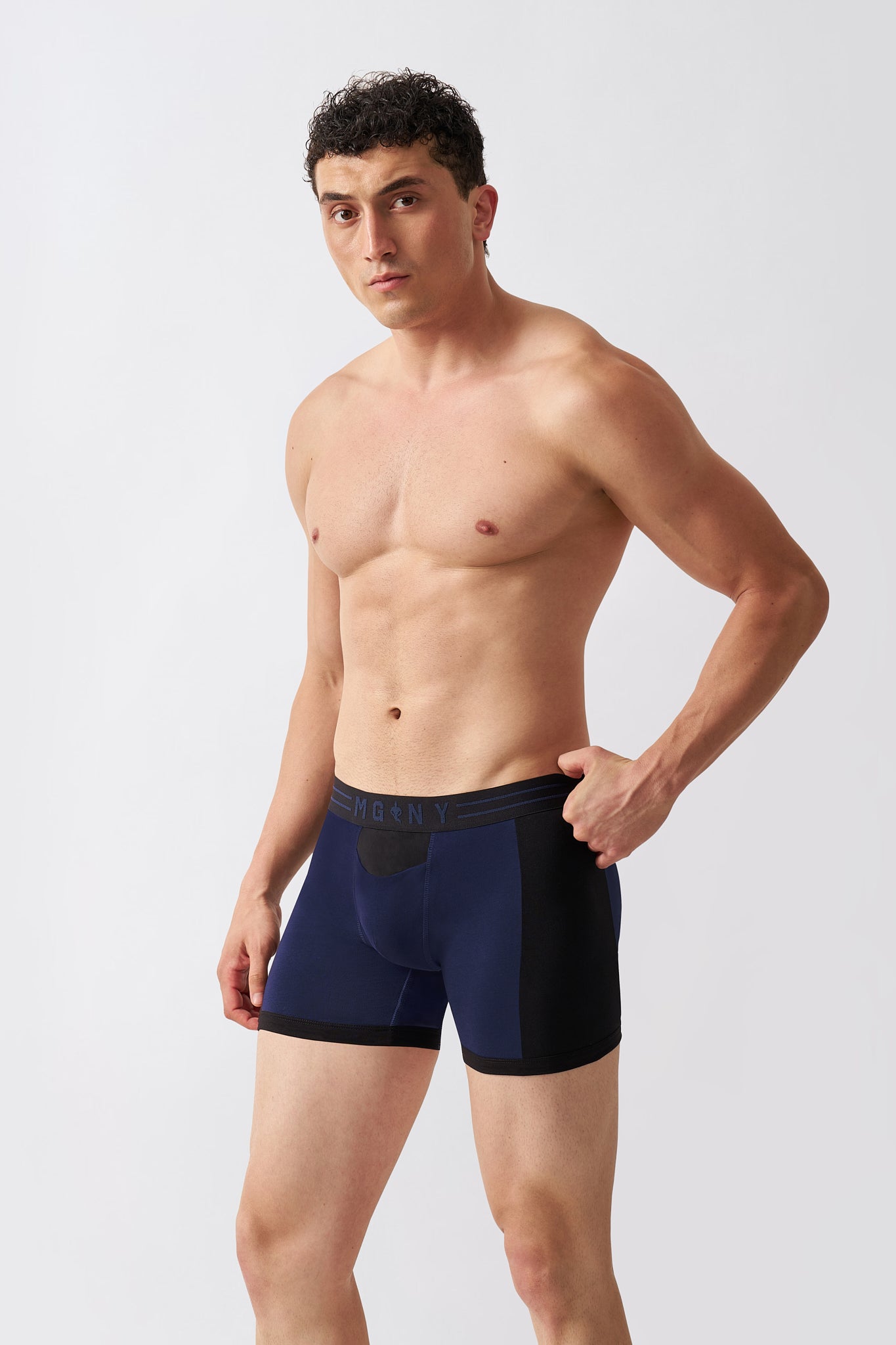Macho Genie navy men's boxer brief underwear featuring soft stretch cotton and a flexible fit
