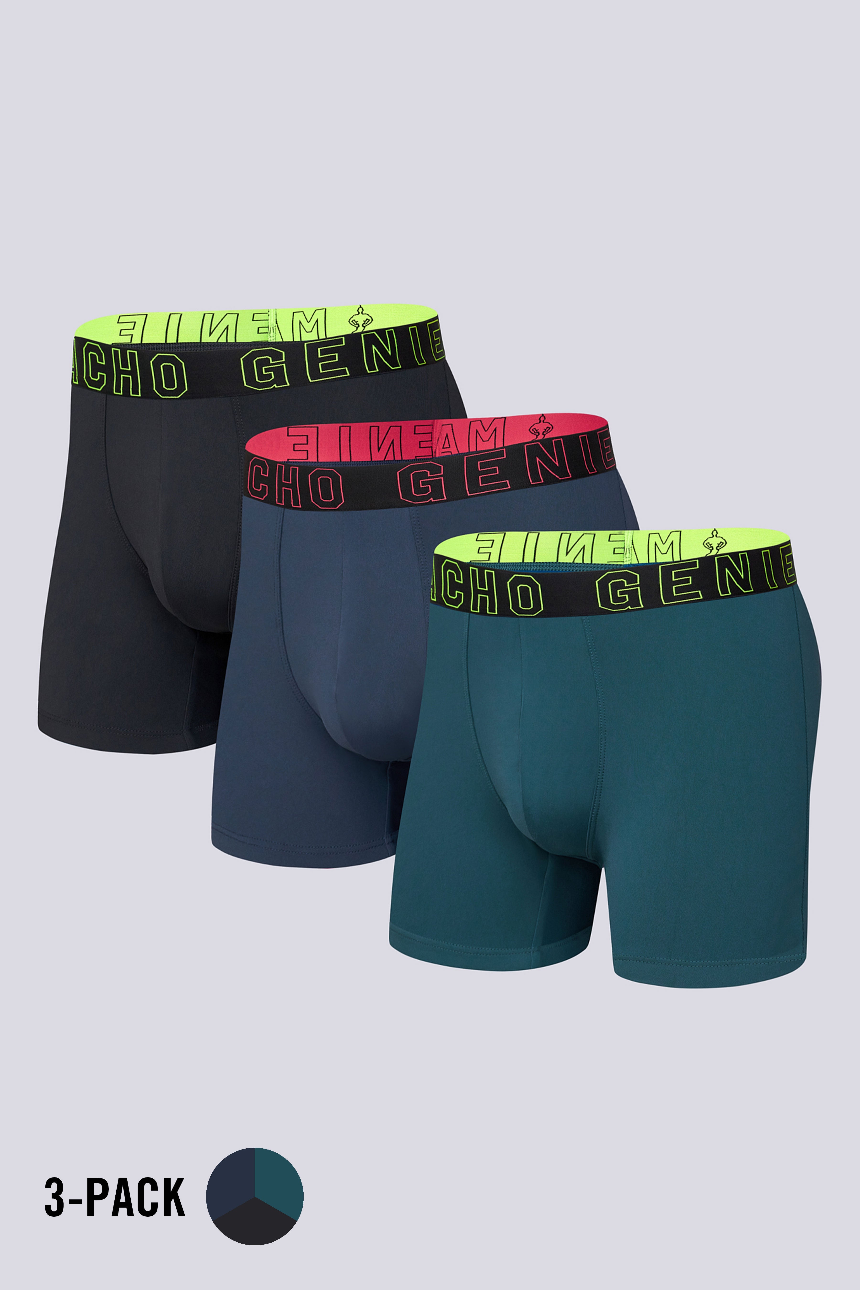 Macho Genie Men’s Performance Compression Trunks 3-Pack in Active Blue, Indigo and Black with soft microfiber fabric and a flexible athletic fit
