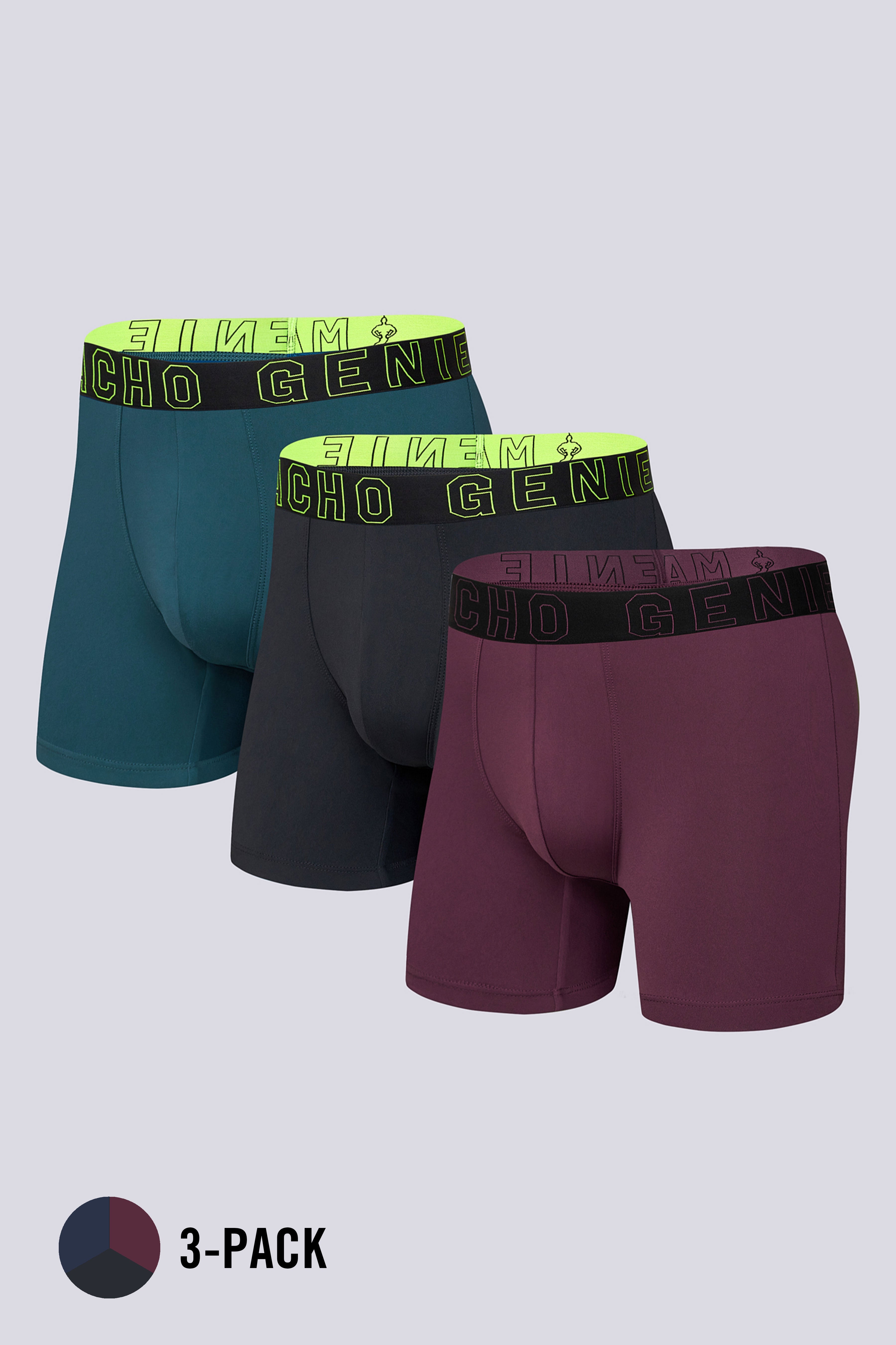 Macho Genie Men’s Performance Compression Trunks 3-Pack in Indigo, Black and Maroon with soft microfiber fabric and a flexible athletic fit

