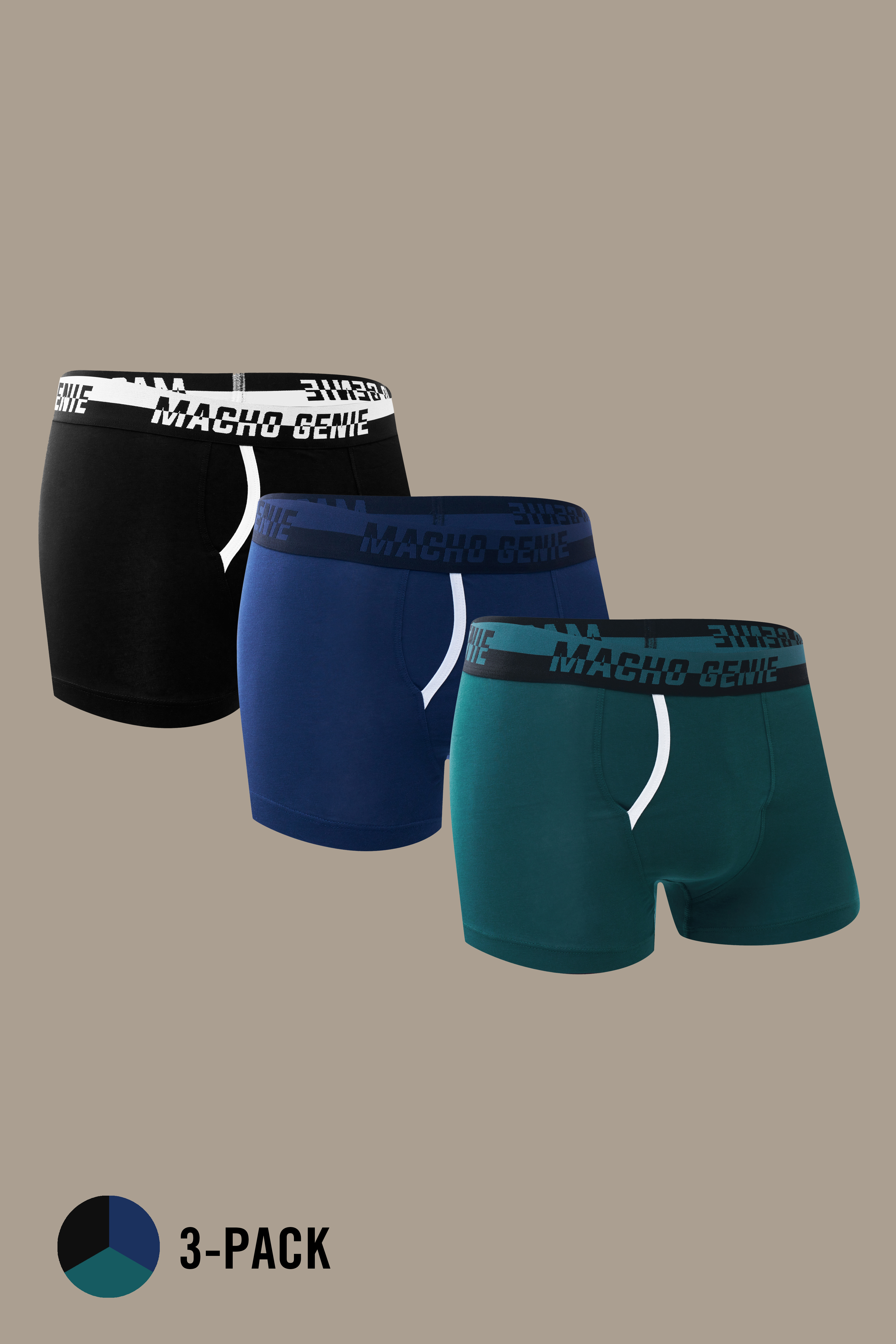 Macho Genie men's pure Supima cotton boxer trunks 3-pack in black, navy blue and green with a 3-inch inseam