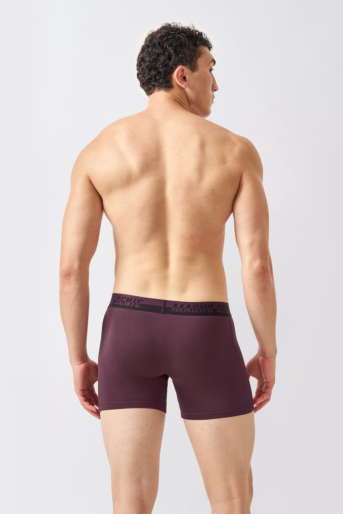 Back view of Macho Genie Wine Supima Blend boxer briefs with extended leg coverage and shape-retaining construction
