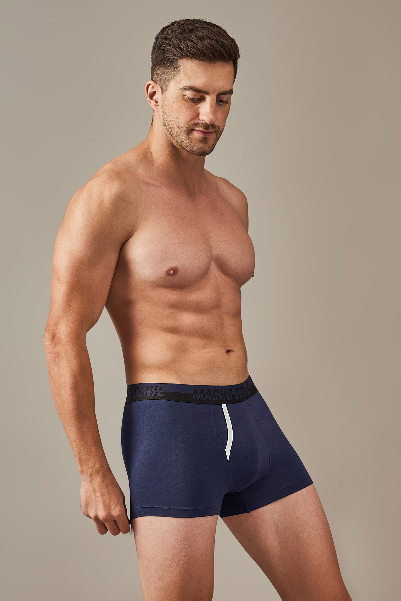 Macho Genie navy blue boxer trunks designed for a comfortable no-ride-up fit with a 3-inch inseam