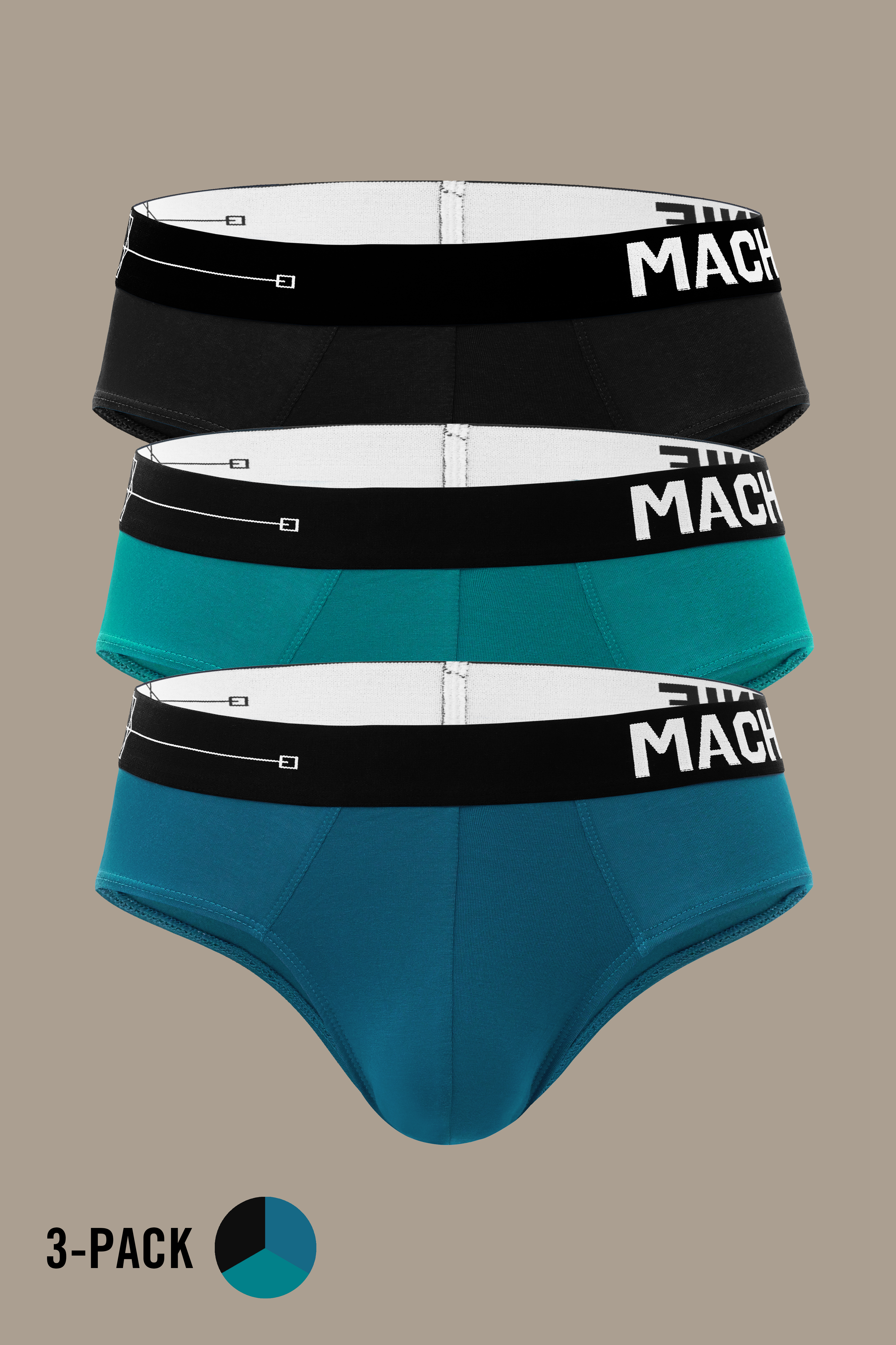 Macho Genie premium Y-shaped modal briefs 3-pack in black, teal and emerald blue, featuring buttery-soft breathable fabric, full coverage and flexible waistbands