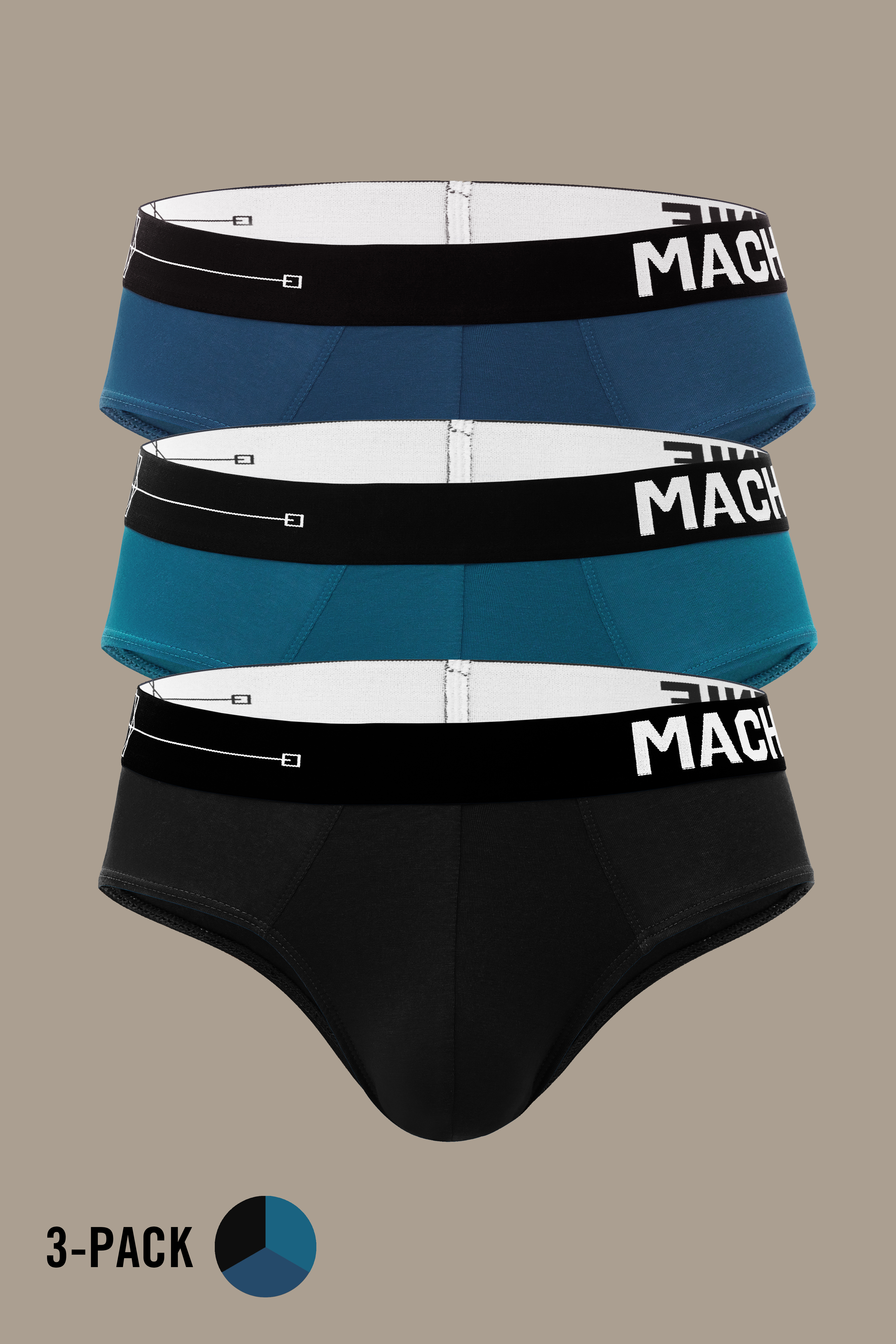Macho Genie premium Y-shaped modal briefs 3-pack in navy, emerald and black, featuring buttery-soft breathable fabric, full coverage and flexible waistbands