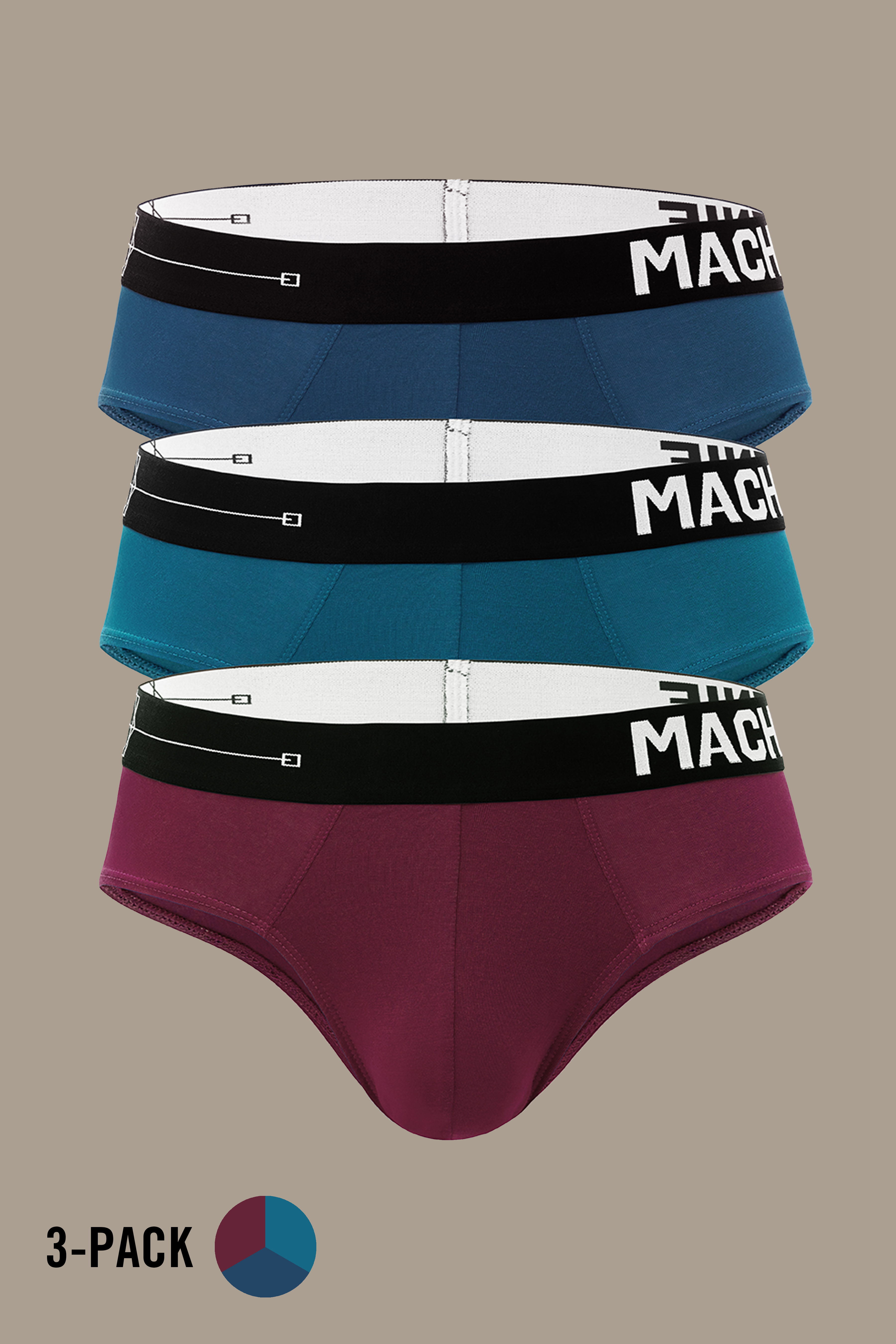 Macho Genie premium modal Y-shaped briefs 3-pack in navy blue, emerald teal and burgundy wine, featuring buttery-soft breathable fabric, full coverage and flexible waistbands
