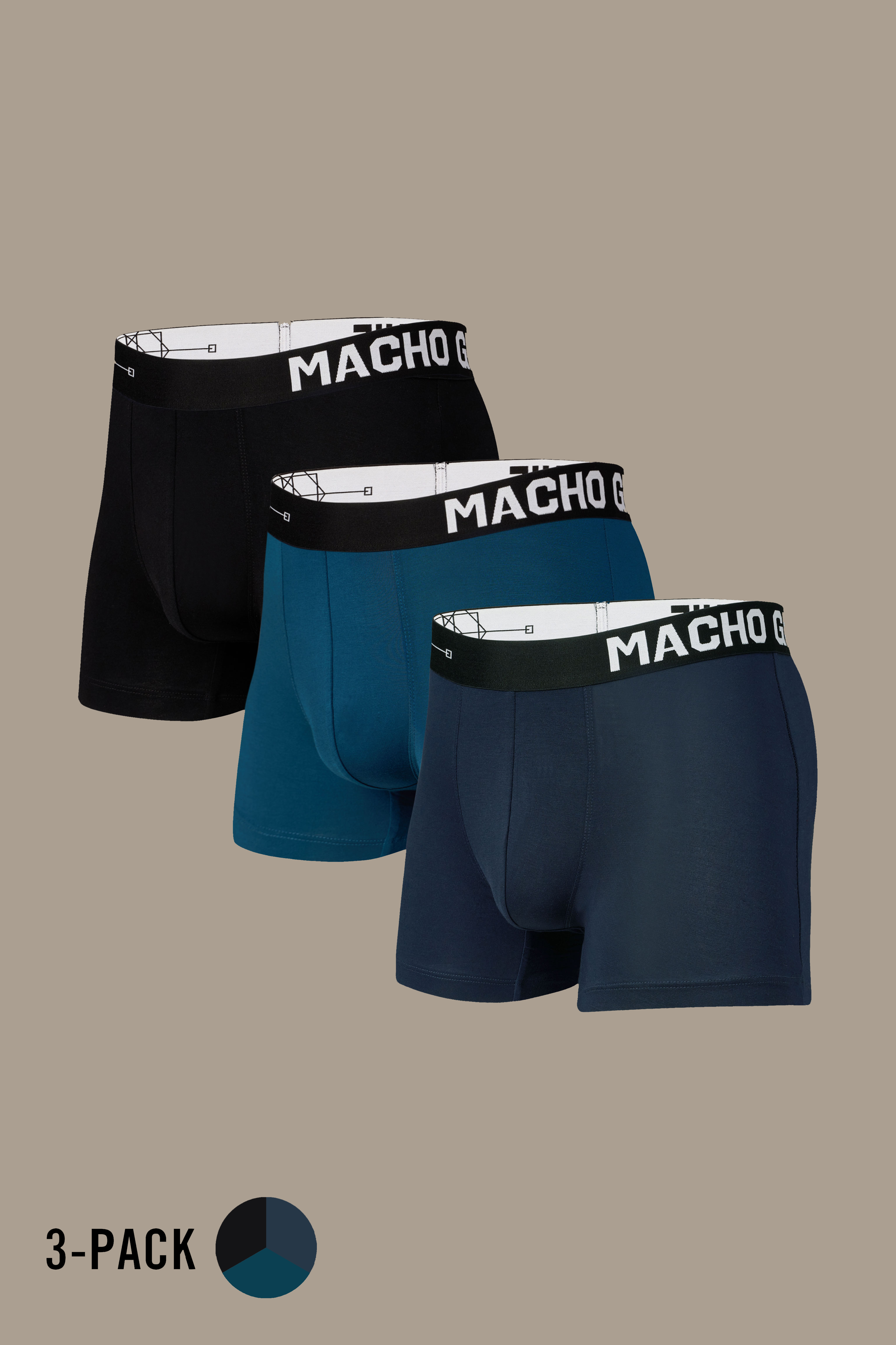Macho Genie premium modal trunks 3-pack in midnight black, emerald blue and deep navy, crafted from ultra soft bio washed modal with a flexible waistband and comfortable 3 inch seam