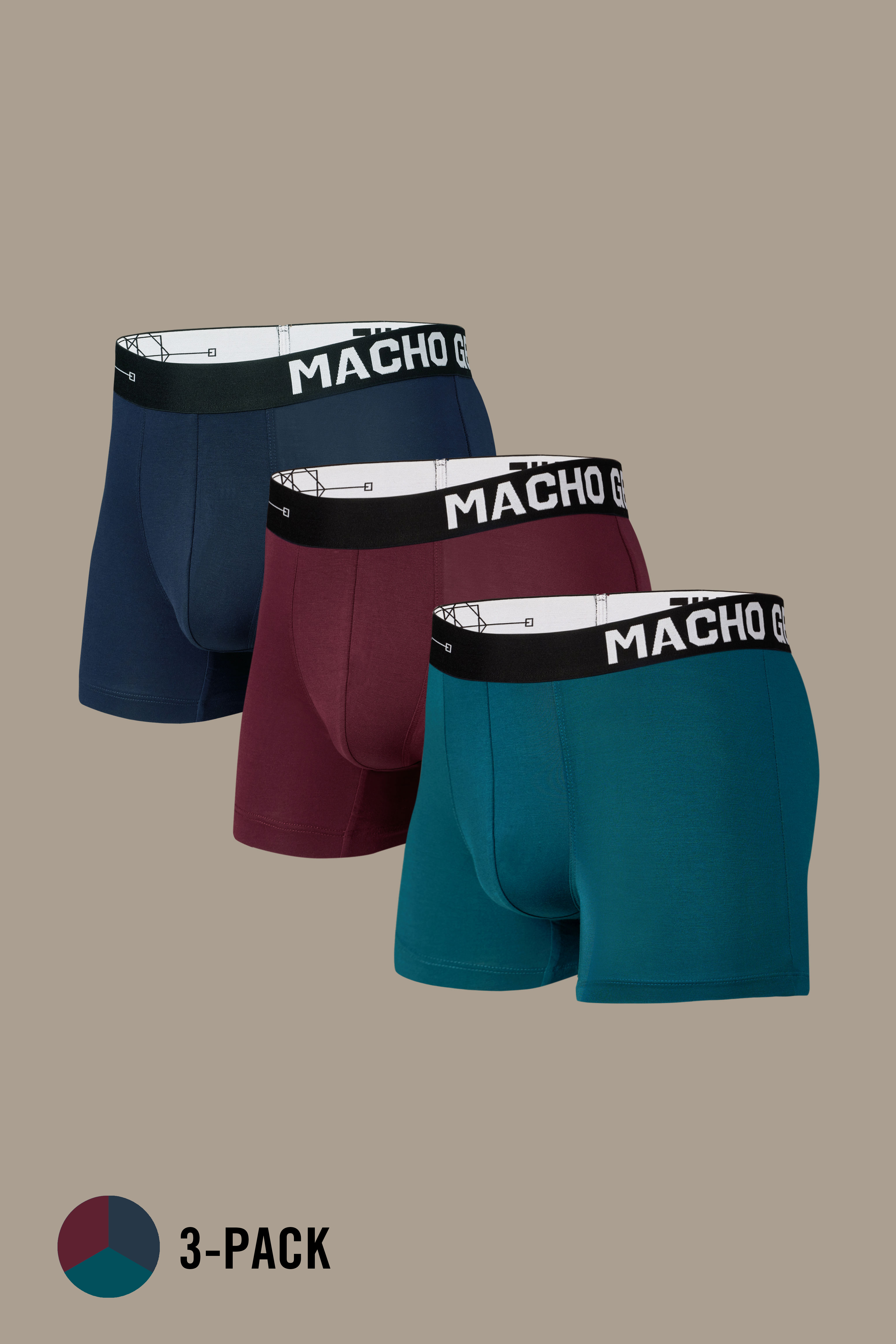 Macho Genie premium modal trunks 3-pack in deep navy, burgundy wine and emerald blue, made from ultra soft bio washed modal with a flexible waistband and comfortable 3 inch seam