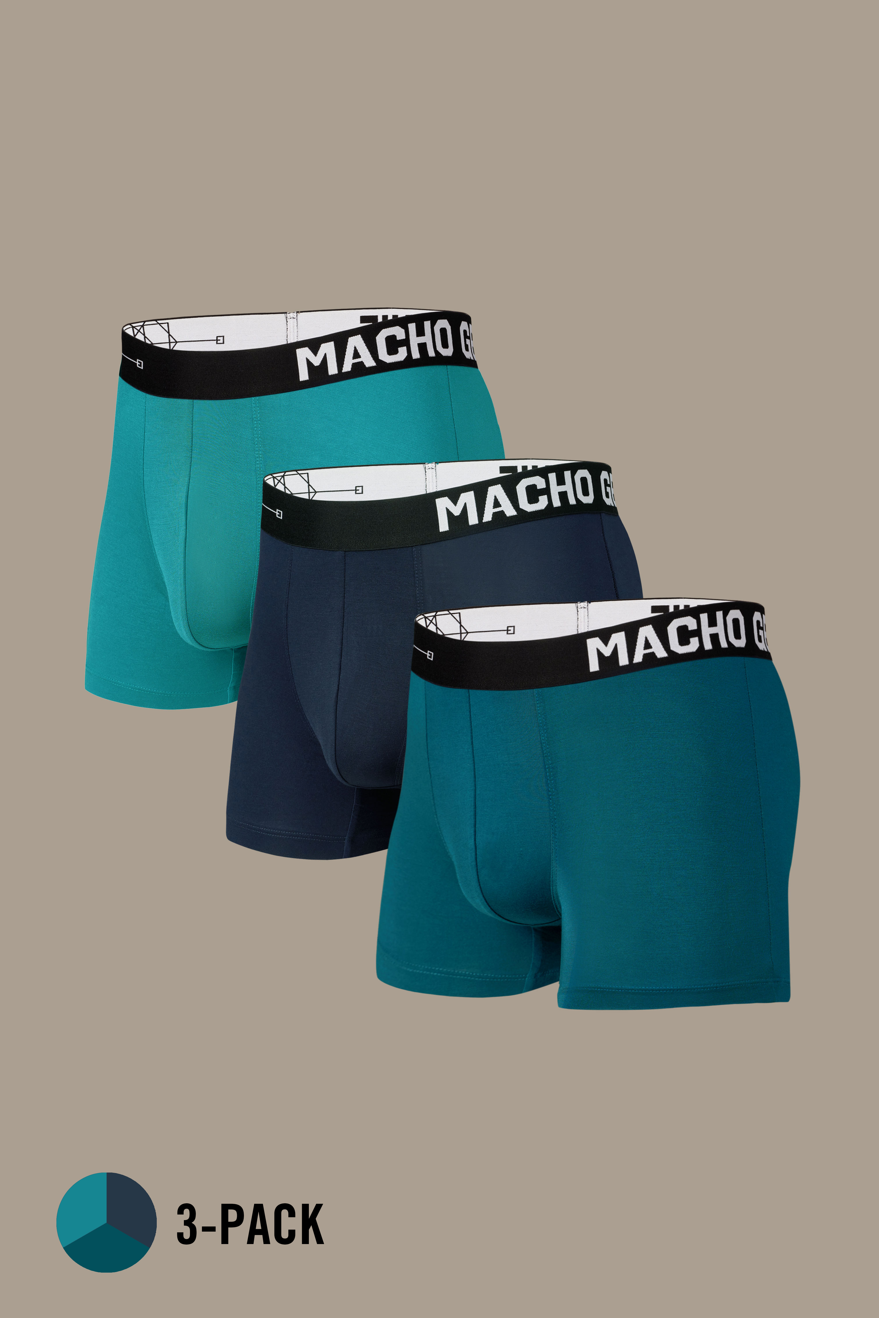 Macho Genie premium modal trunks 3-pack in teal green, deep navy blue and emerald blue, crafted from ultra soft bio washed modal with a flexible waistband and comfortable 3 inch seam