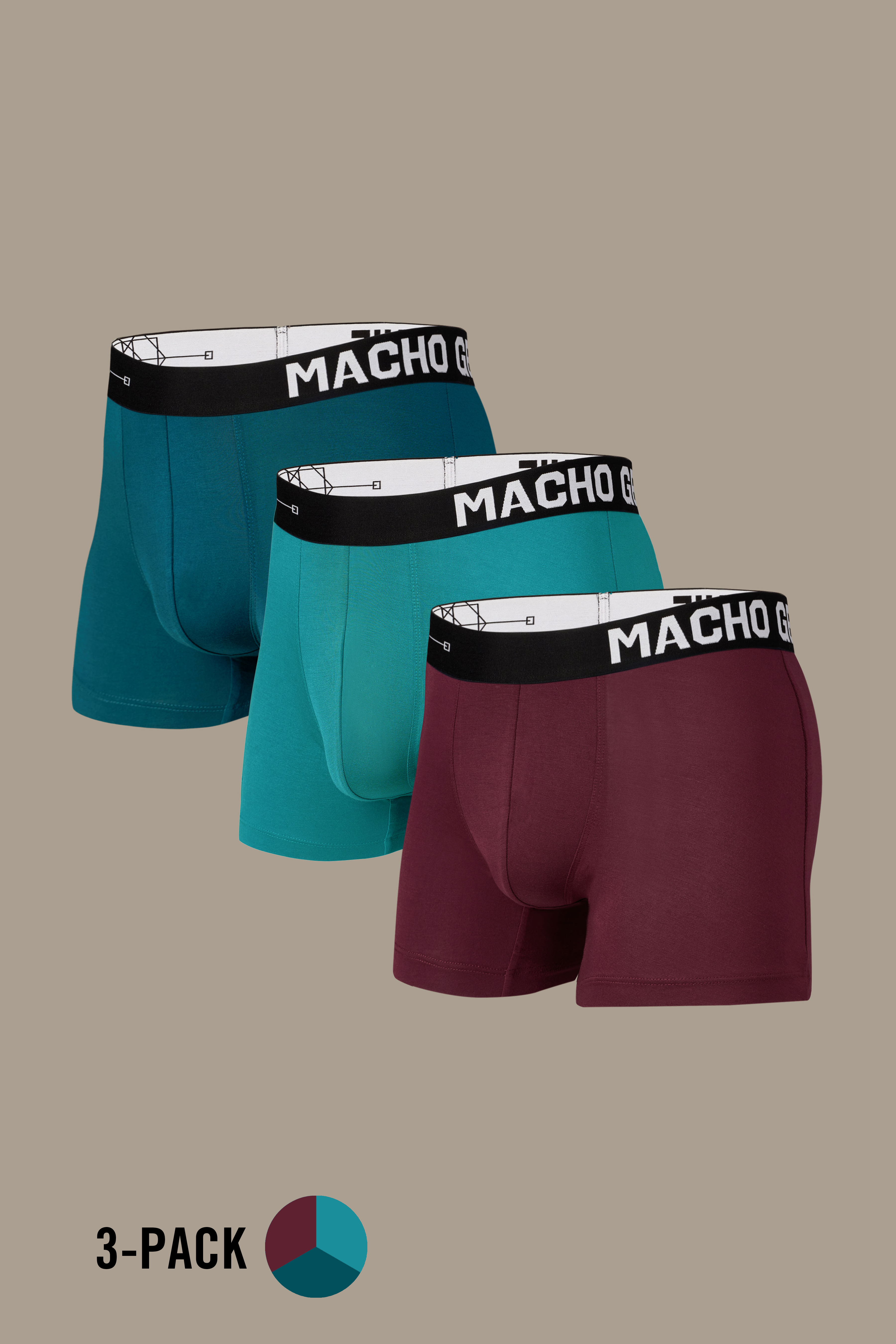 Macho Genie premium modal trunks 3-pack in Wine, Teal and Emerald Blue, featuring ultra soft bio washed modal fabric, a flexible waistband and tailored 3 inch seam for breathable everyday comfort.
