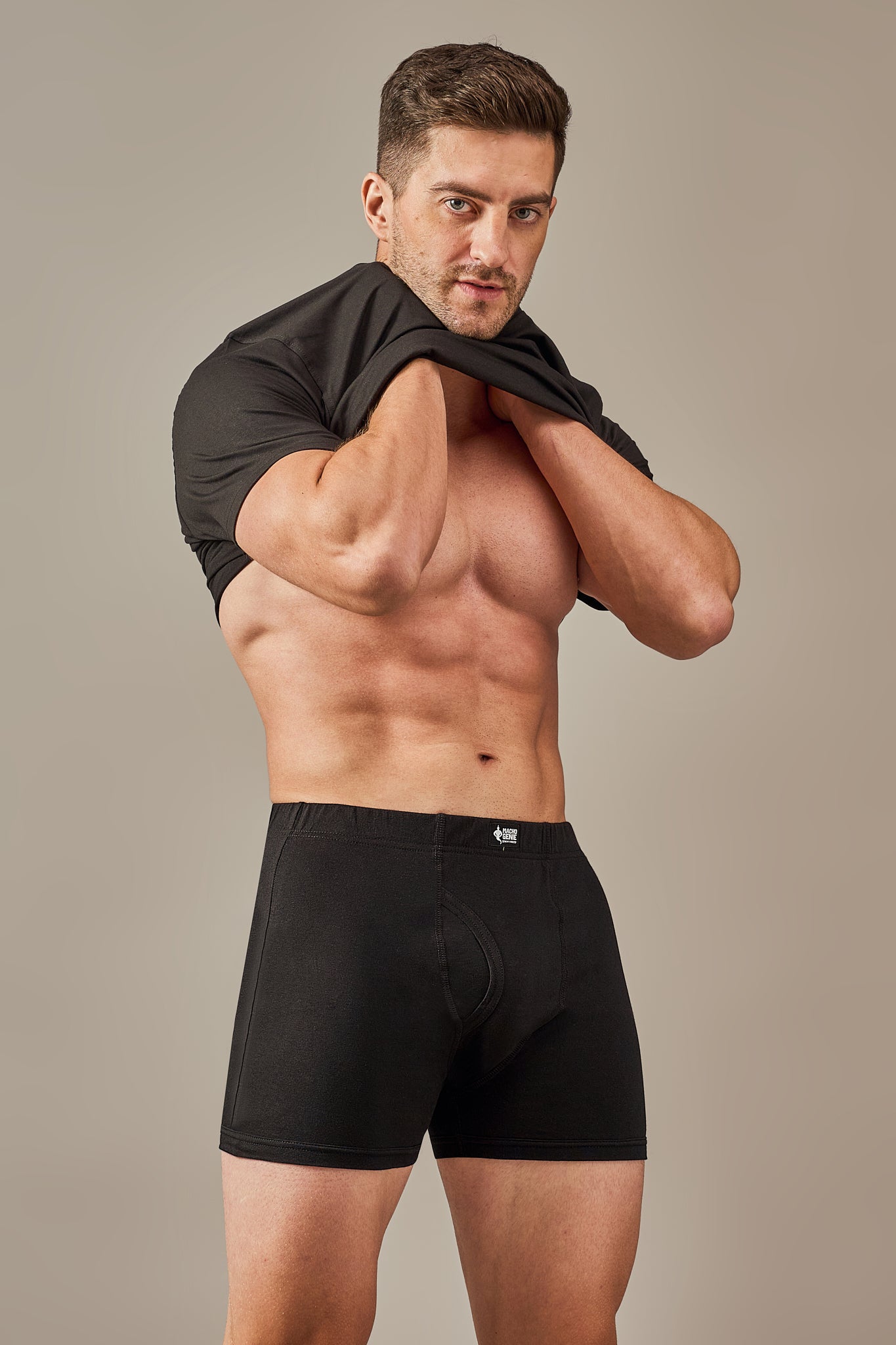 Macho Genie 100% cotton Black boxer trunks with a slim fit, concealed waistband, functional fly, no-tag design, soft breathable fabric and 3-inch inseam for secure, non-chafing everyday comfort, All-Day Bliss.