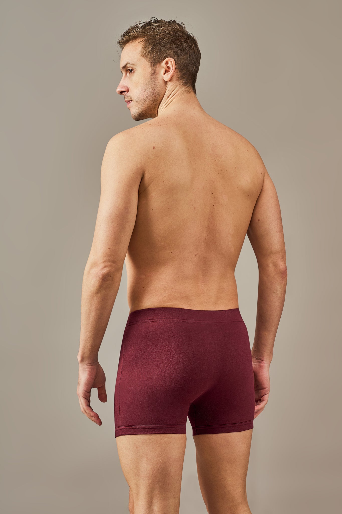 Macho Genie 100% cotton Burgundy Wine boxer trunks from the All-Day Bliss collection, featuring a no-tag design, soft breathable fabric, and slim fit for irritation-free everyday comfort.