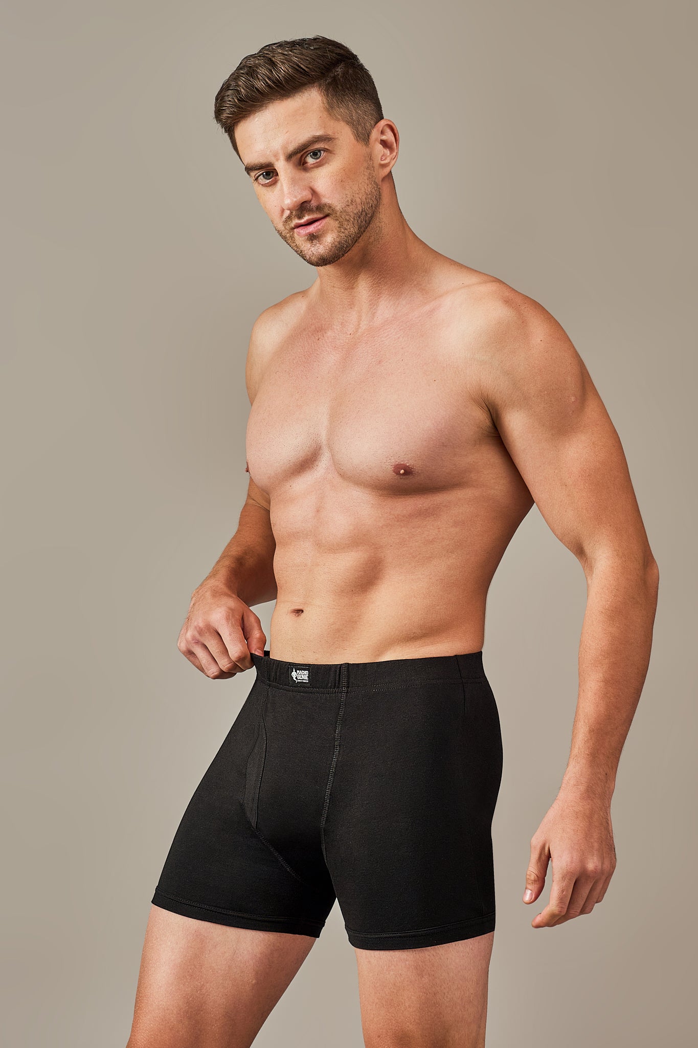 Macho Genie 100% cotton Eclipse Black boxer trunks from the All-Day Bliss collection, featuring a soft breathable fabric, slim fit, and 3-inch inseam for comfortable everyday wear.